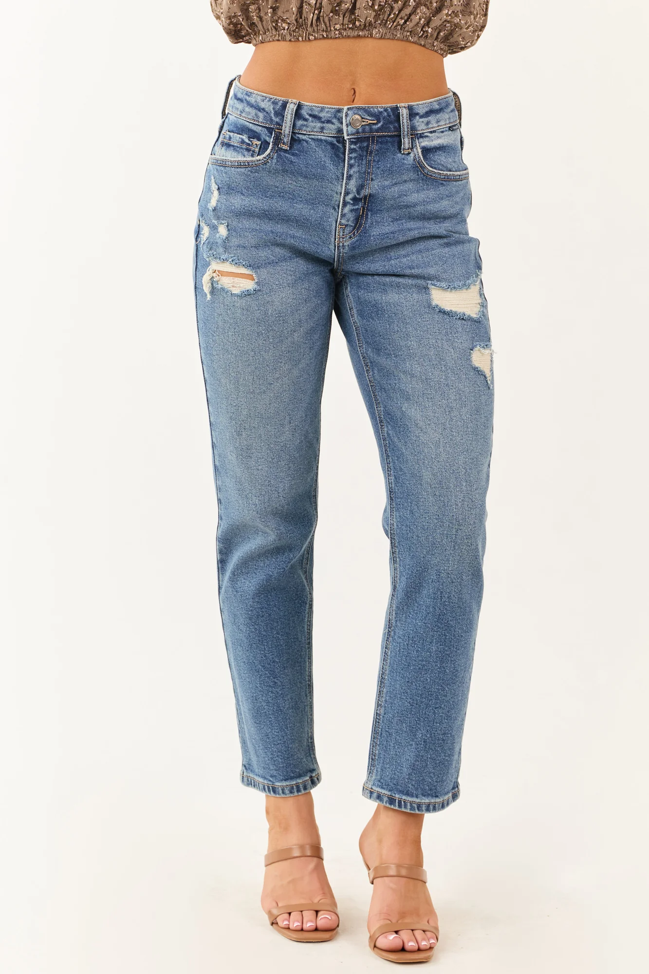 Medium Wash Distressed Slim Straight Jeans - High Rise Ankle Length
