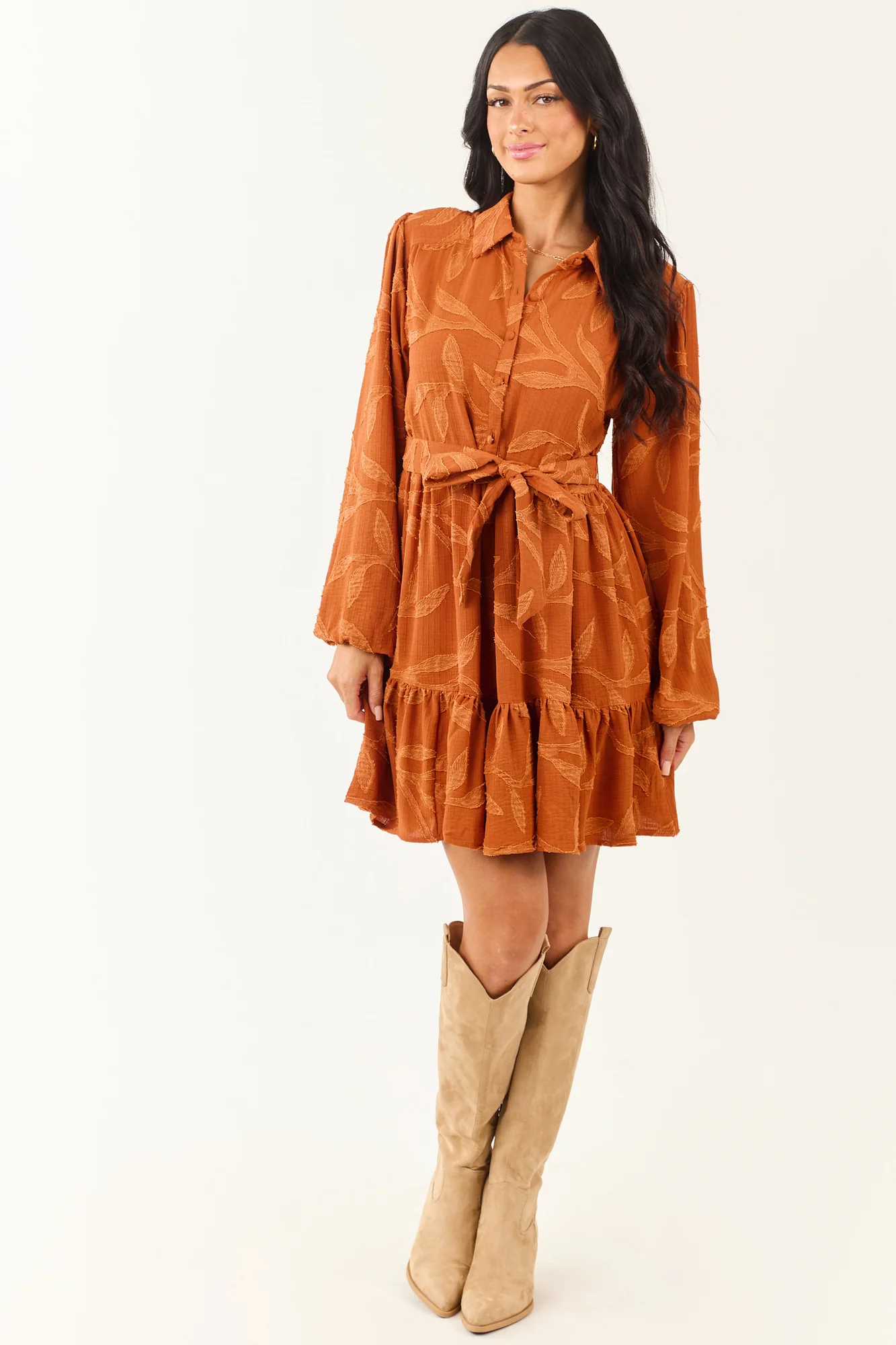 Autumn Tone Leaf Textured Collar Mini Dress