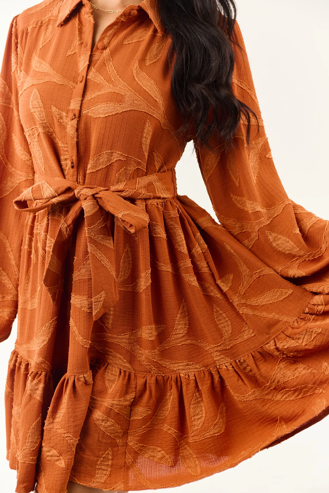 Autumn Tone Leaf Textured Collar Mini Dress