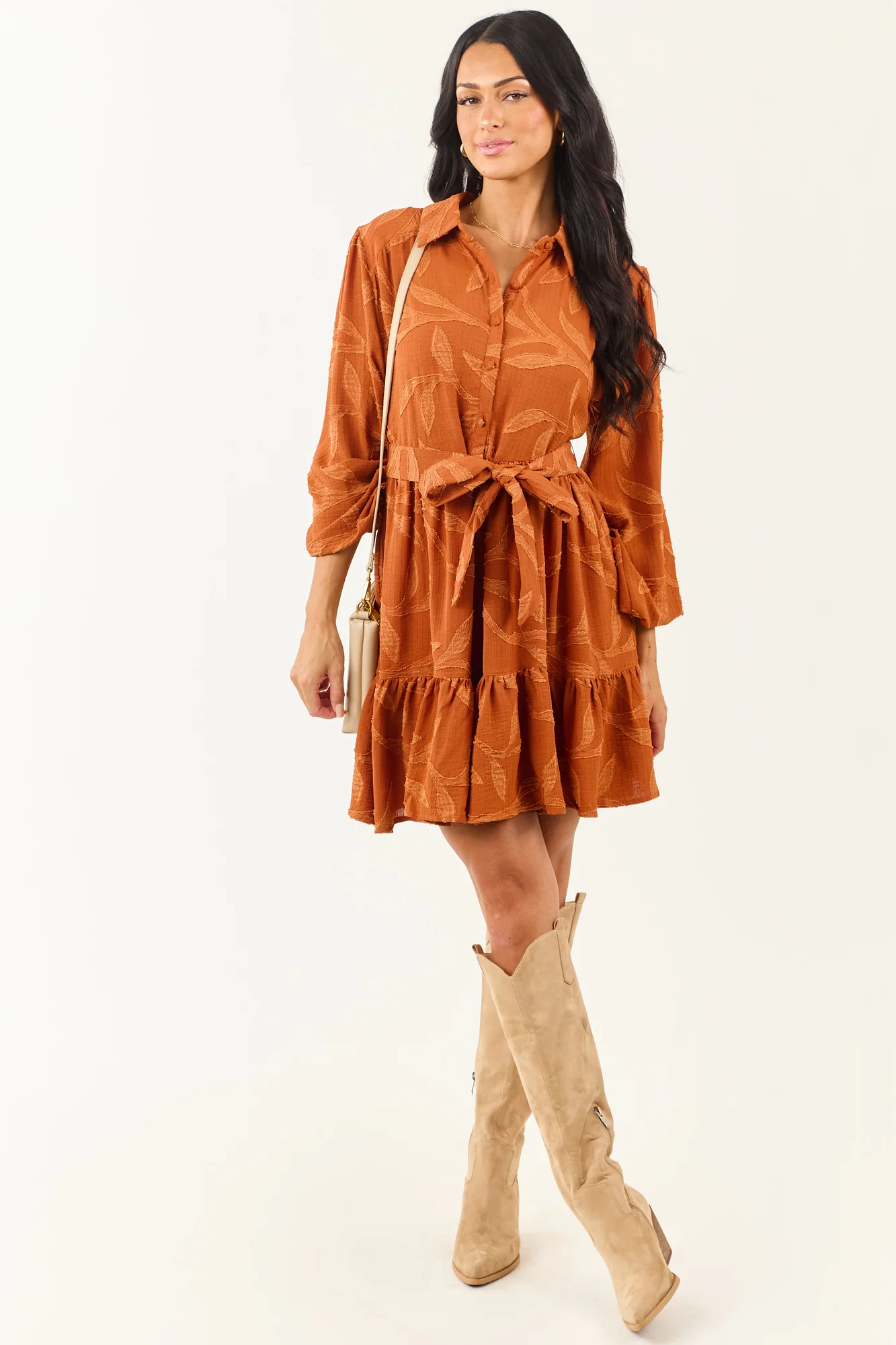 Autumn Tone Leaf Textured Collar Mini Dress