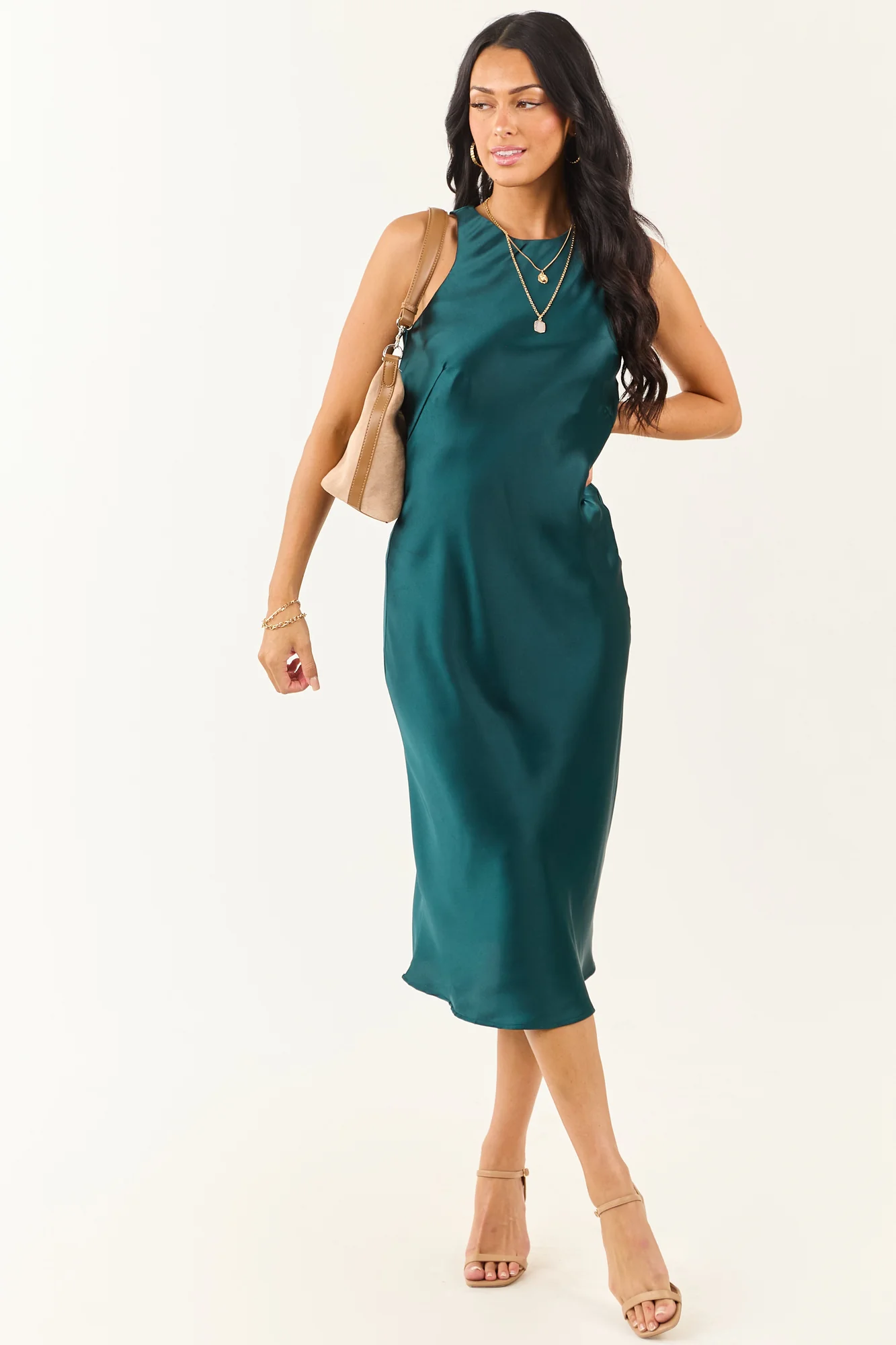 Green Satin Elegant Shift Midi Dress