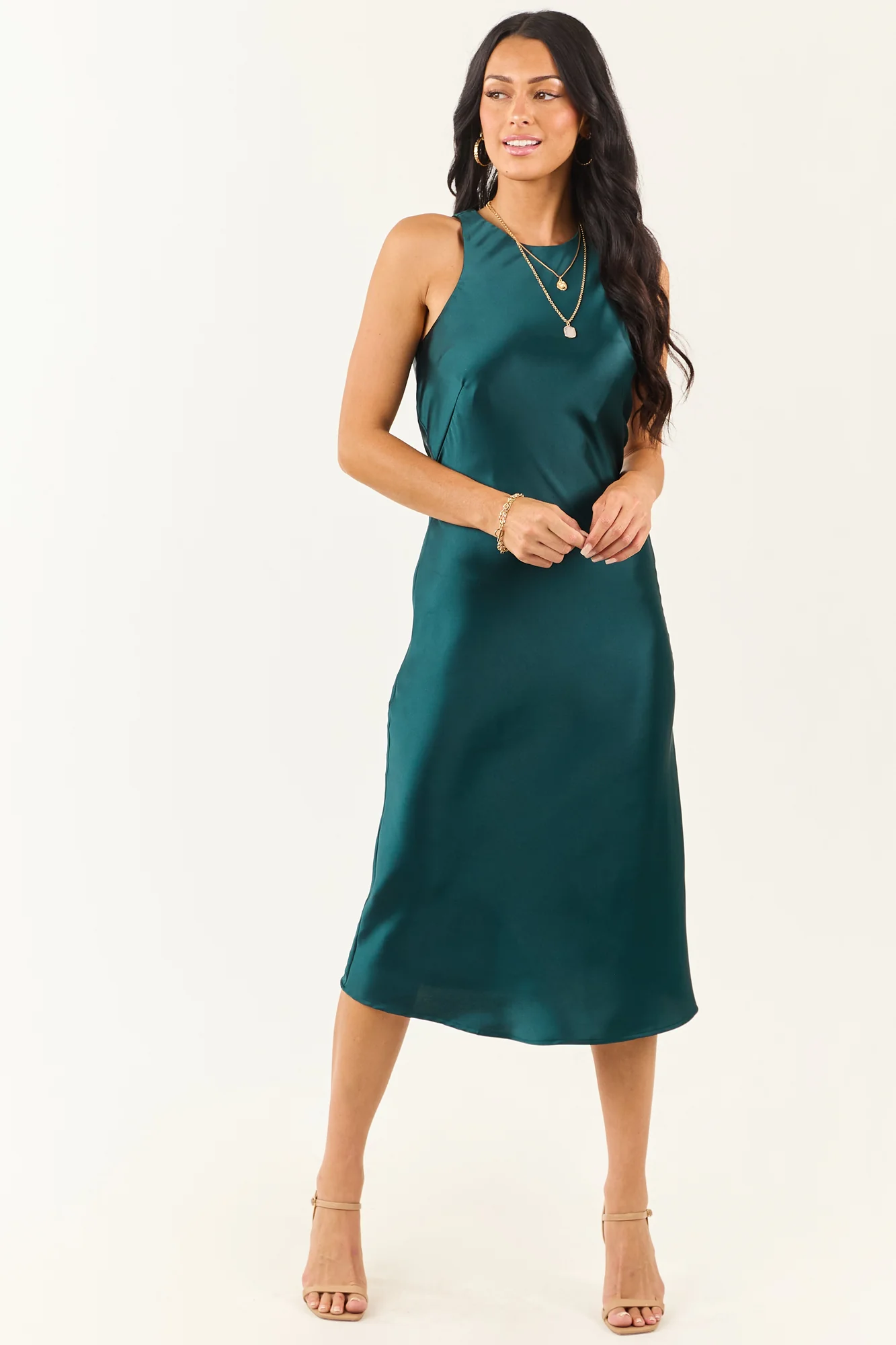 Green Satin Elegant Shift Midi Dress