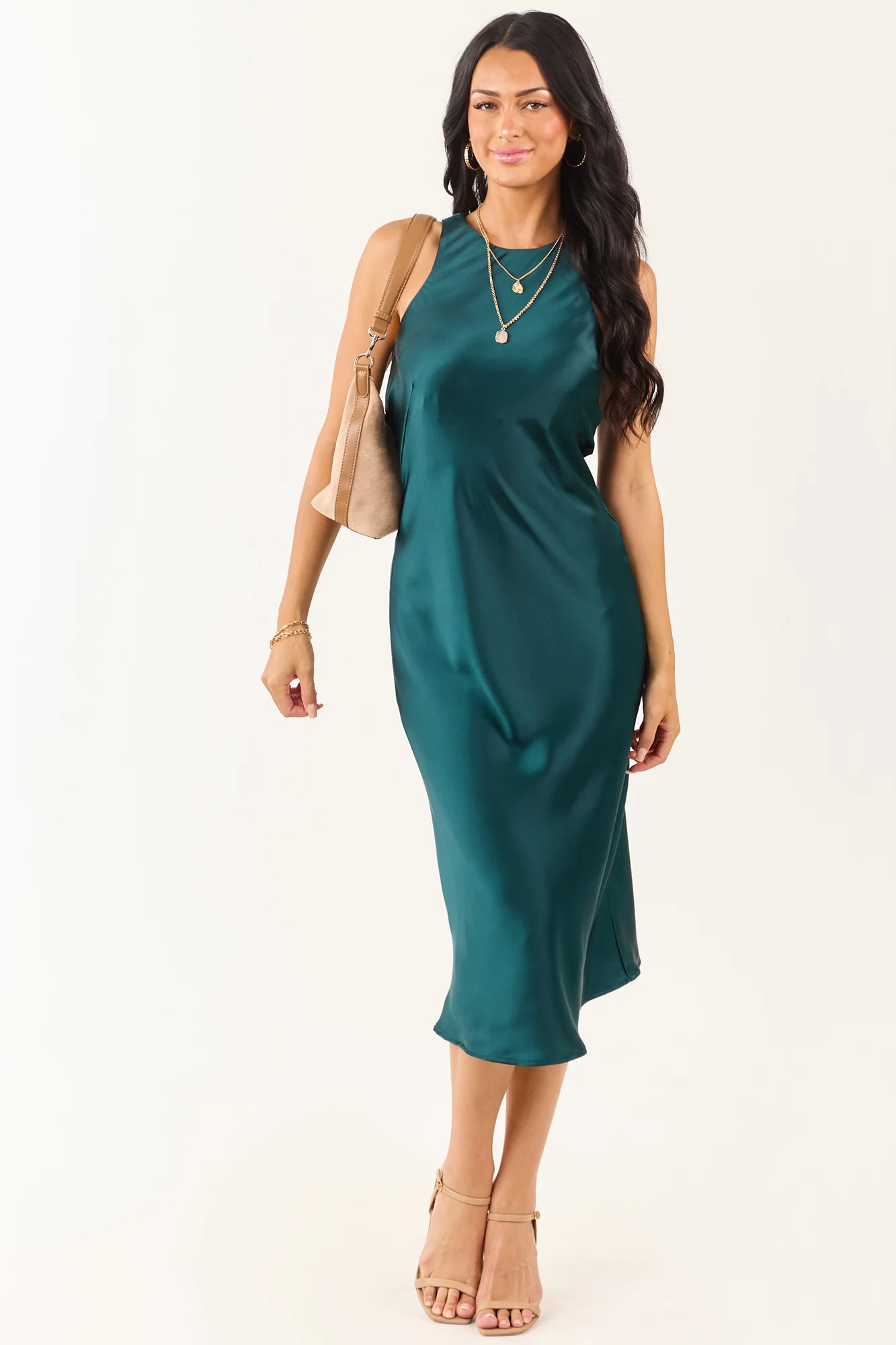 Green Satin Elegant Shift Midi Dress