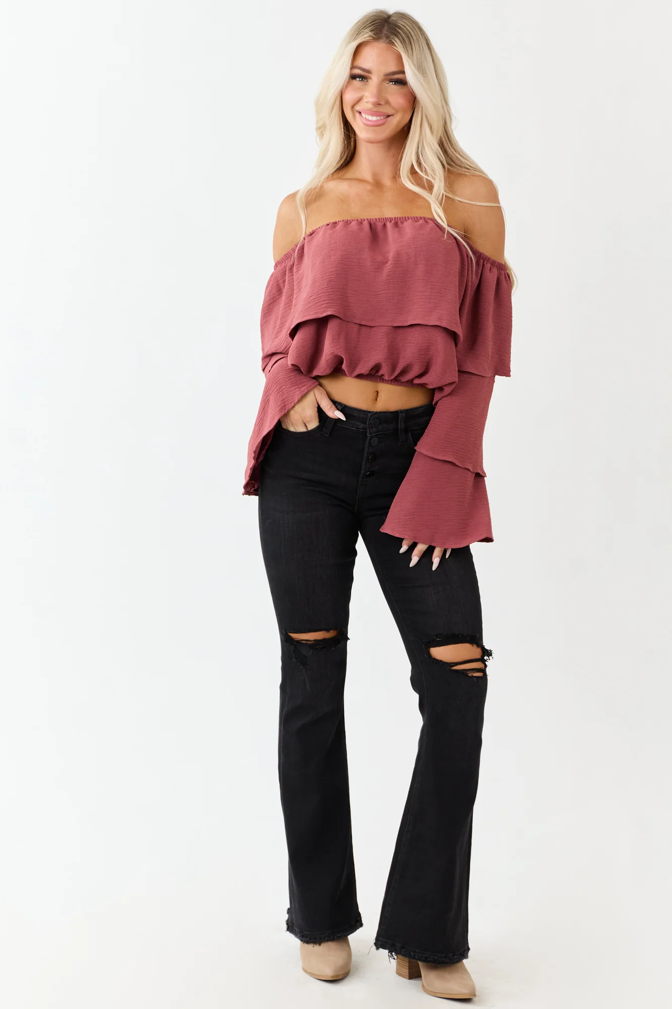 Black High Rise Distressed Stretchy Flare Jeans