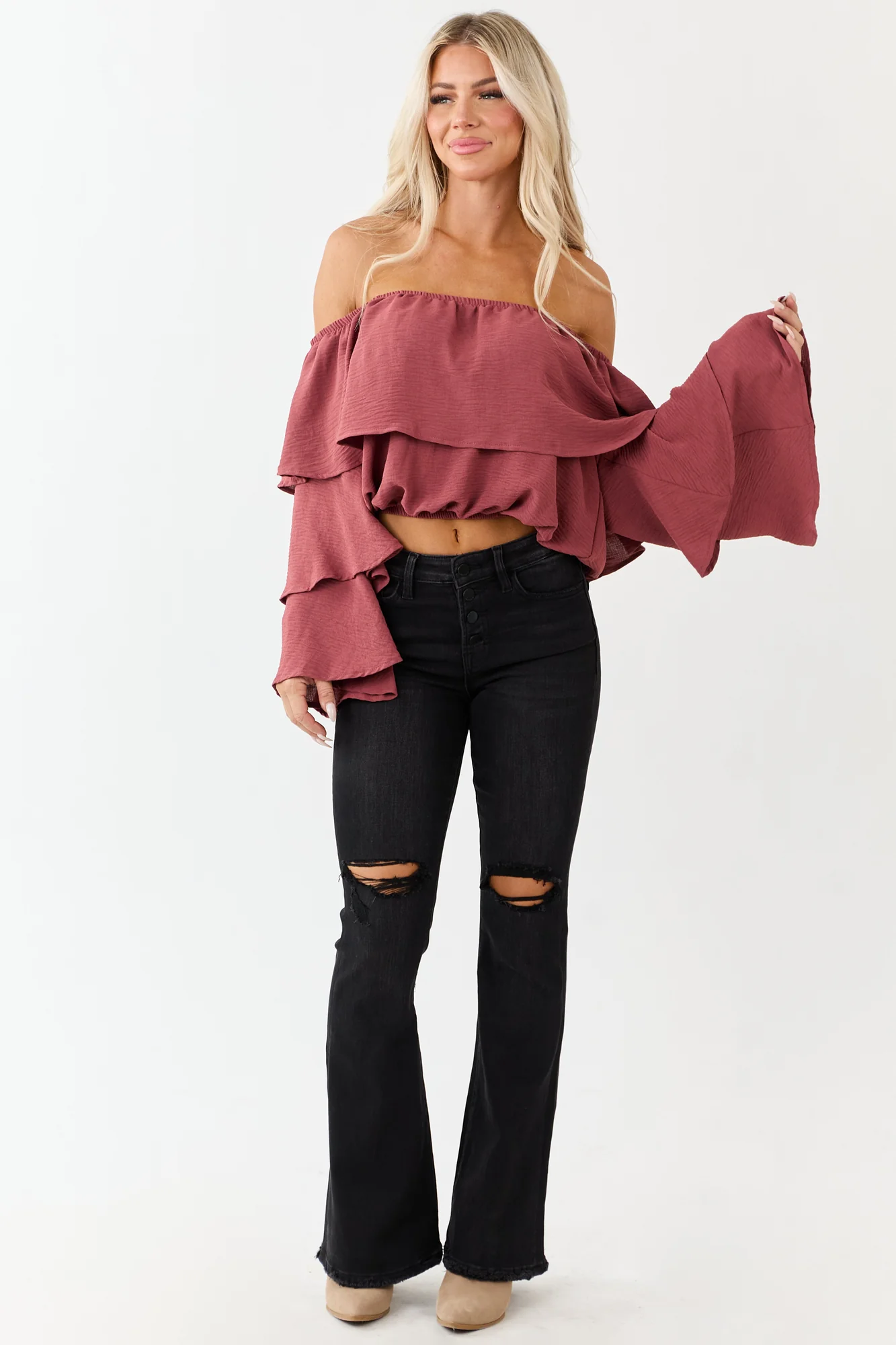 Black High Rise Distressed Stretchy Flare Jeans