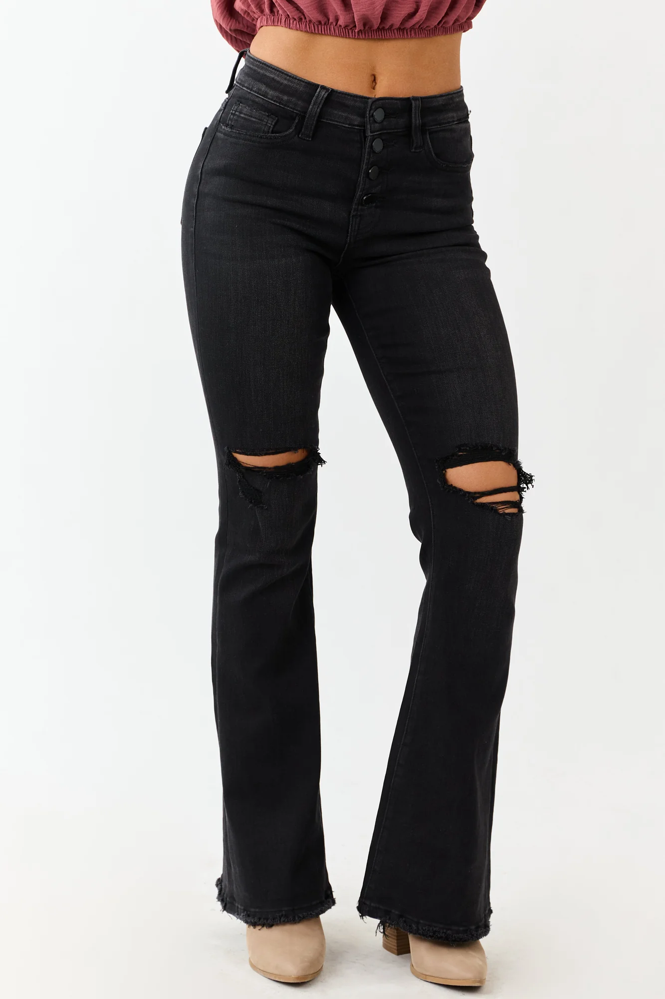Black High Rise Distressed Stretchy Flare Jeans