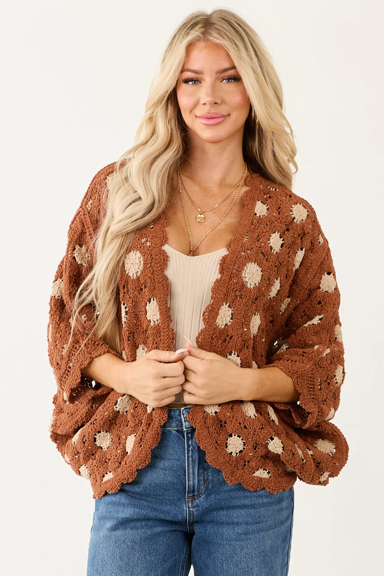 Chenille Batwing Sleeve Open Knit Cardigan in Ginger Latte
