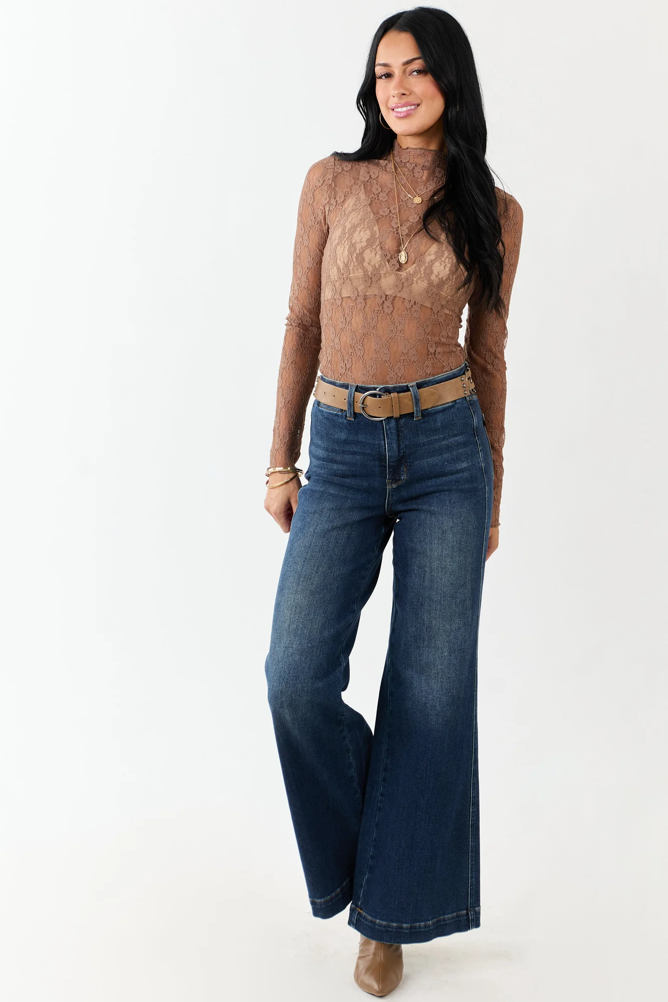 Coffee Sheer Mesh High Neck Long Sleeve Top