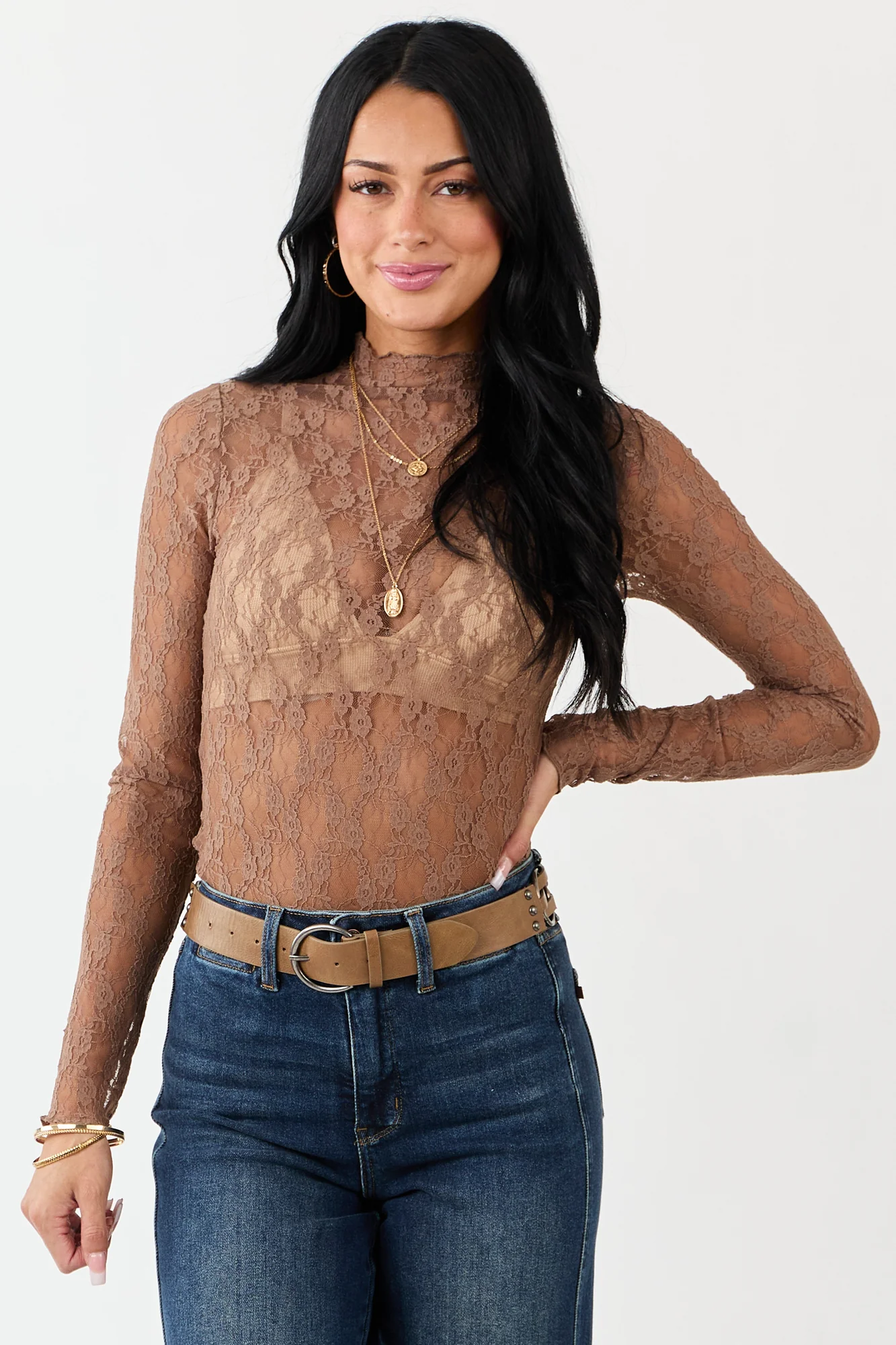 Coffee Sheer Mesh High Neck Long Sleeve Top