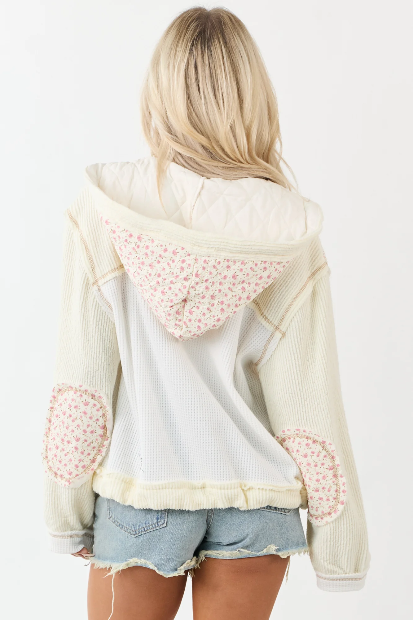 Cream Floral Patchwork Waffle Knit Hooded Jacket