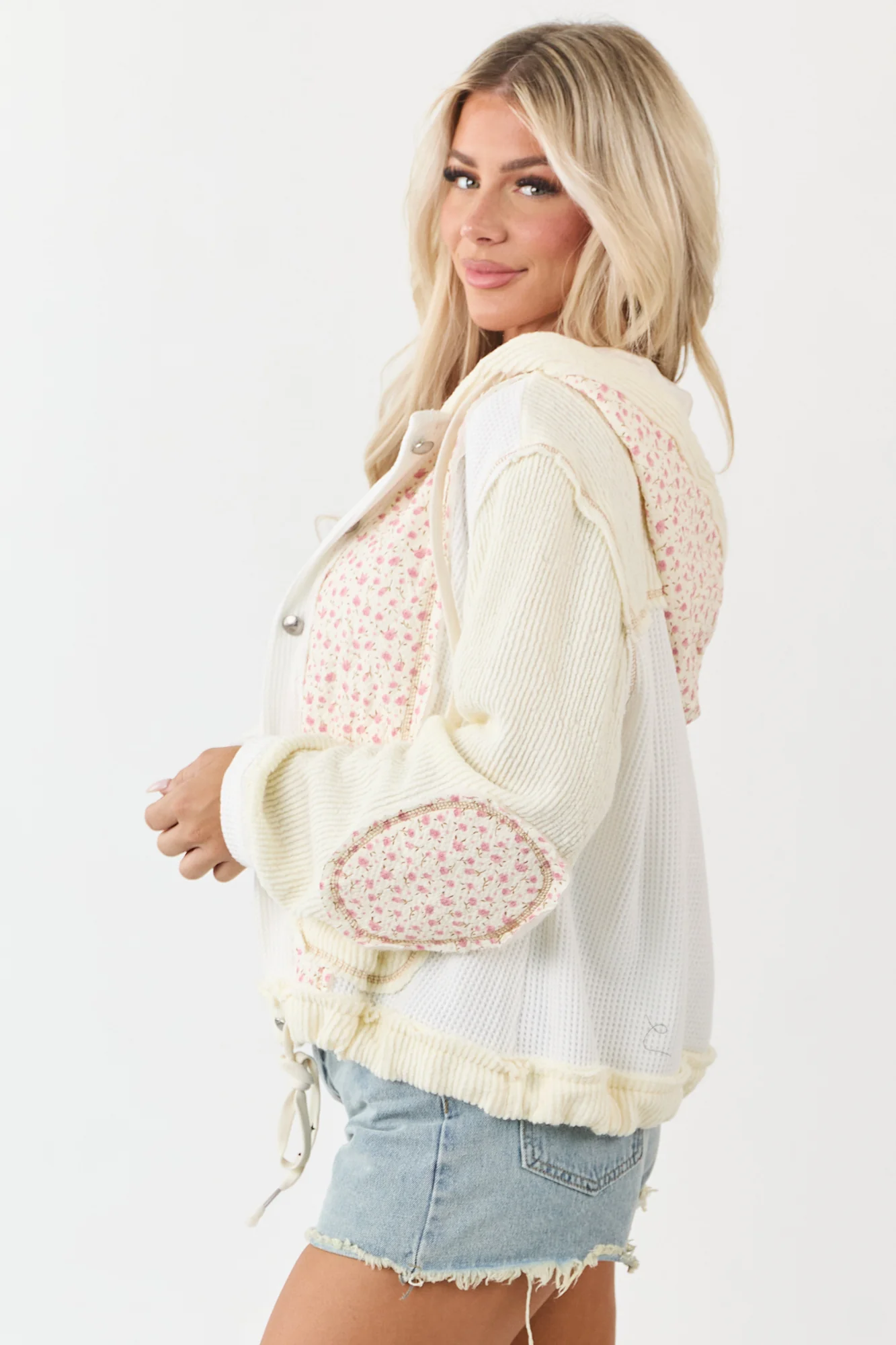 Cream Floral Patchwork Waffle Knit Hooded Jacket
