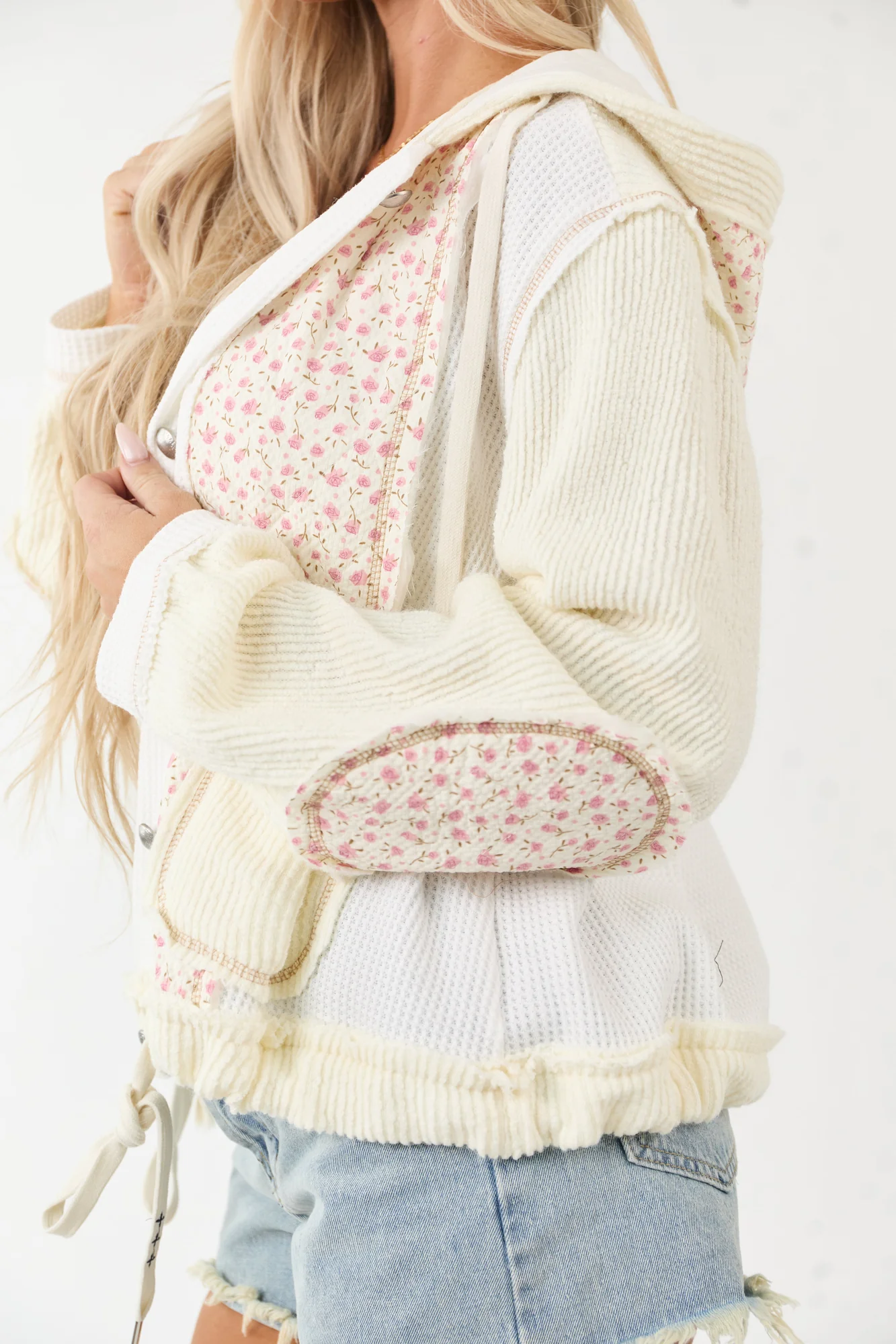 Cream Floral Patchwork Waffle Knit Hooded Jacket