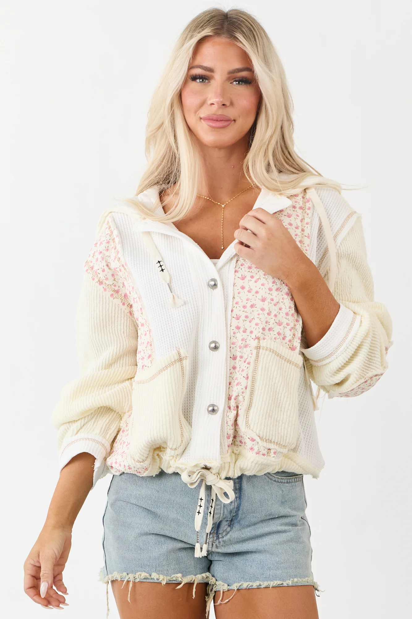 Cream Floral Patchwork Waffle Knit Hooded Jacket