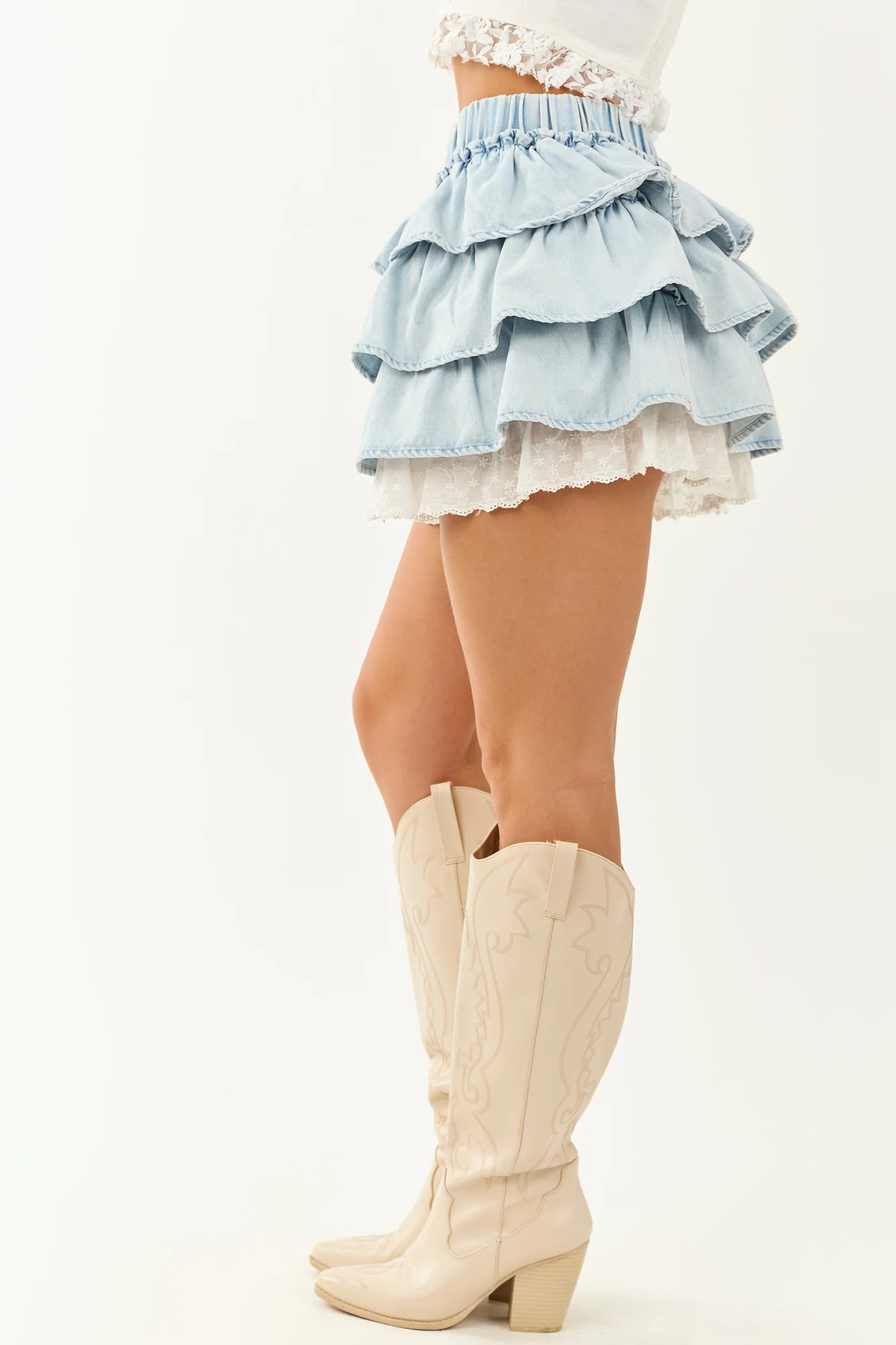 Light Blue Eyelet Lace Ruffle Denim Mini Skirt