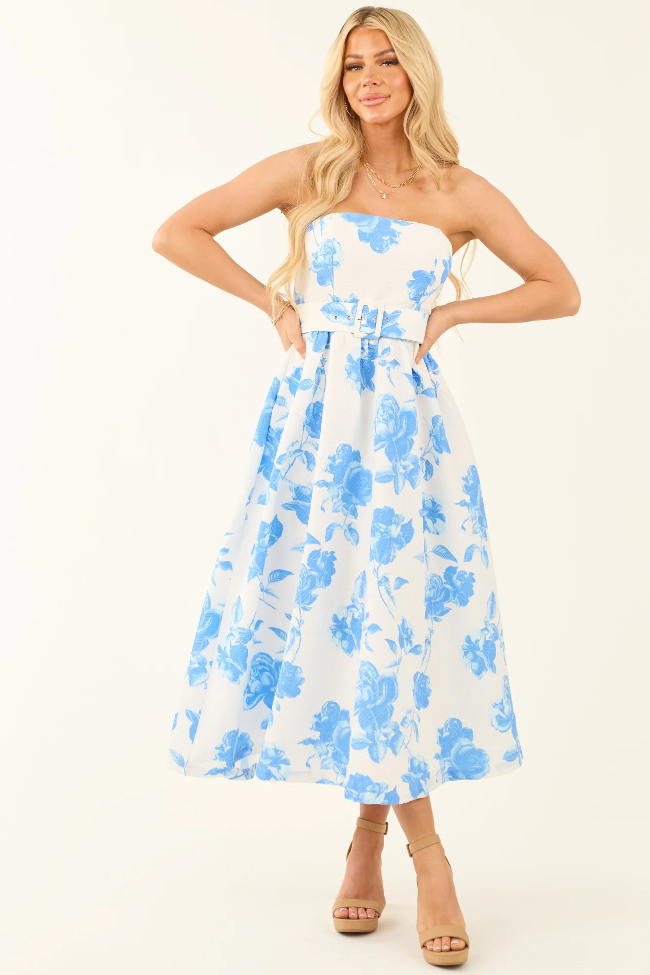 White Floral Print Sleeveless Midi Dress with Adjustable Belt