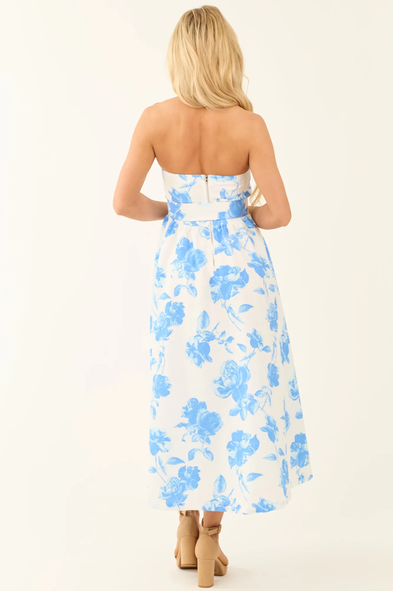 White Floral Print Sleeveless Midi Dress with Adjustable Belt