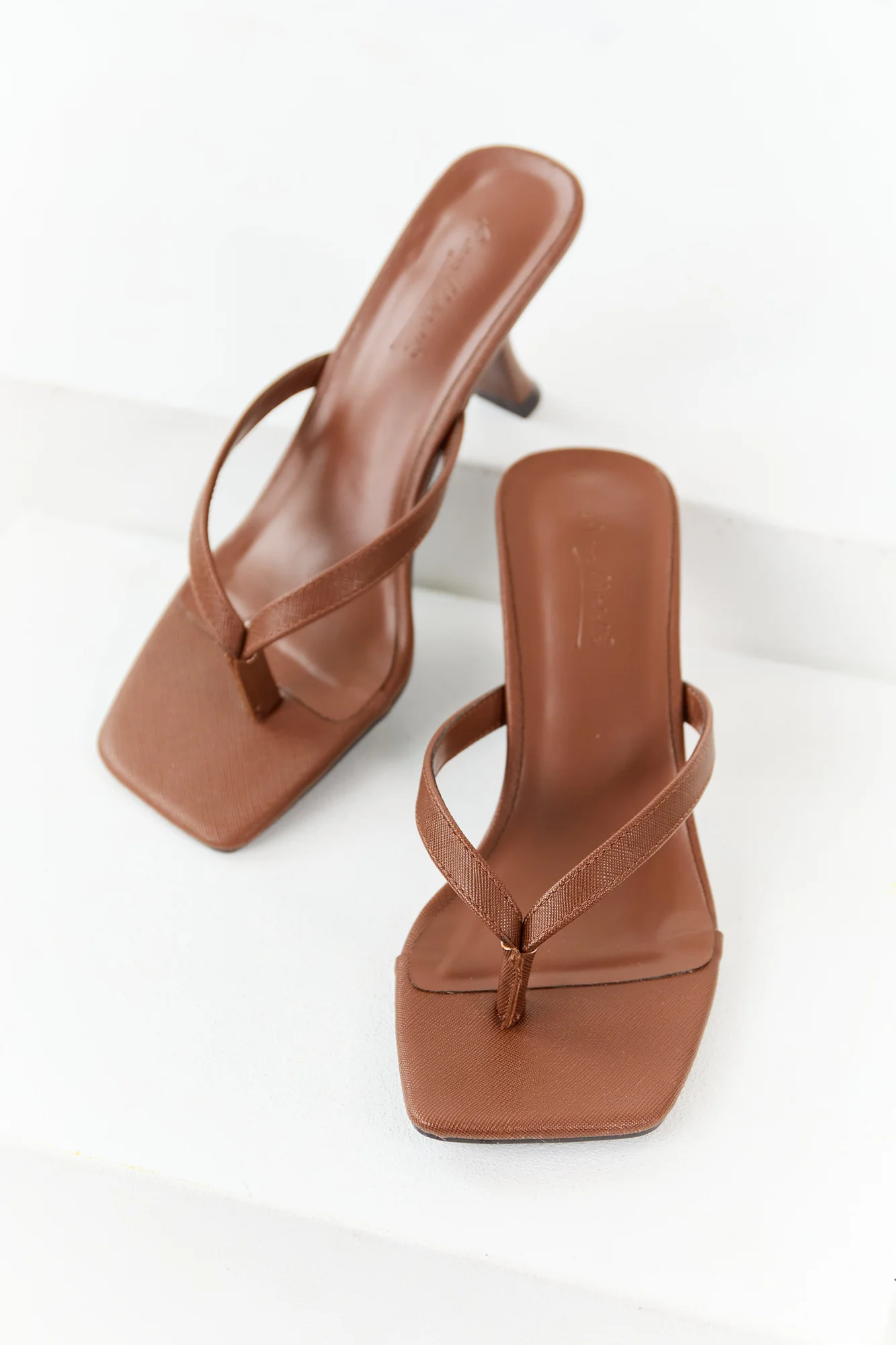 Brown Textured Square Toe Heels with Thong Strap