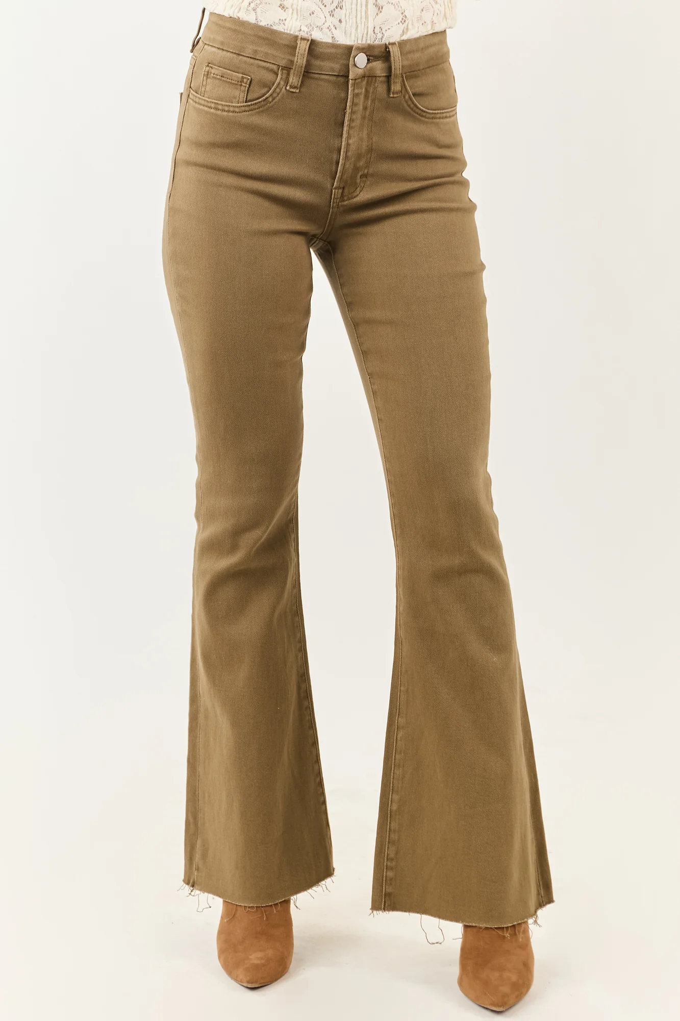 Olive Stretchy Flare Jeans High Rise Tall Length Womens Pants