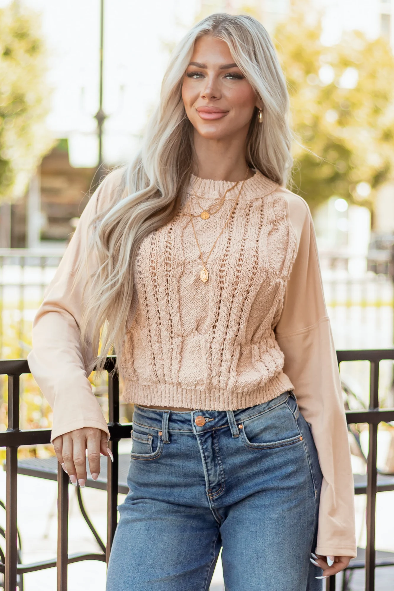 Pink Cable Knit Sweater with Raglan Sleeves