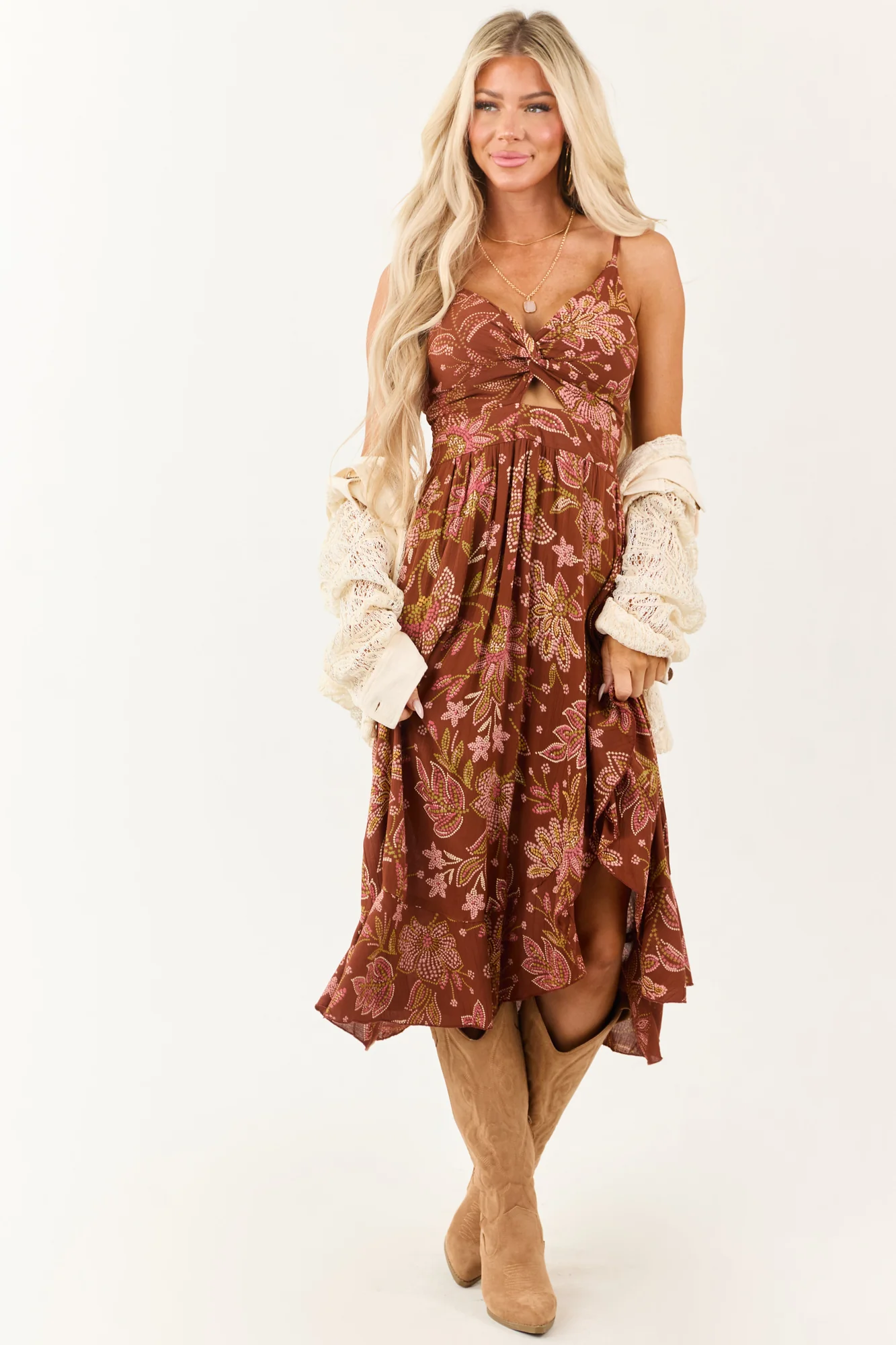 Brown Floral Print Smocked Back Midi Dress
