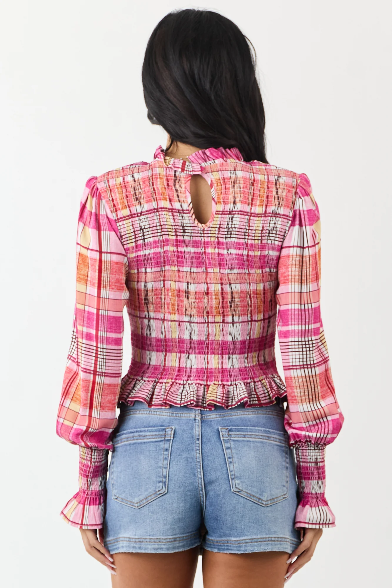 Fuchsia Plaid Smocked Cotton Top