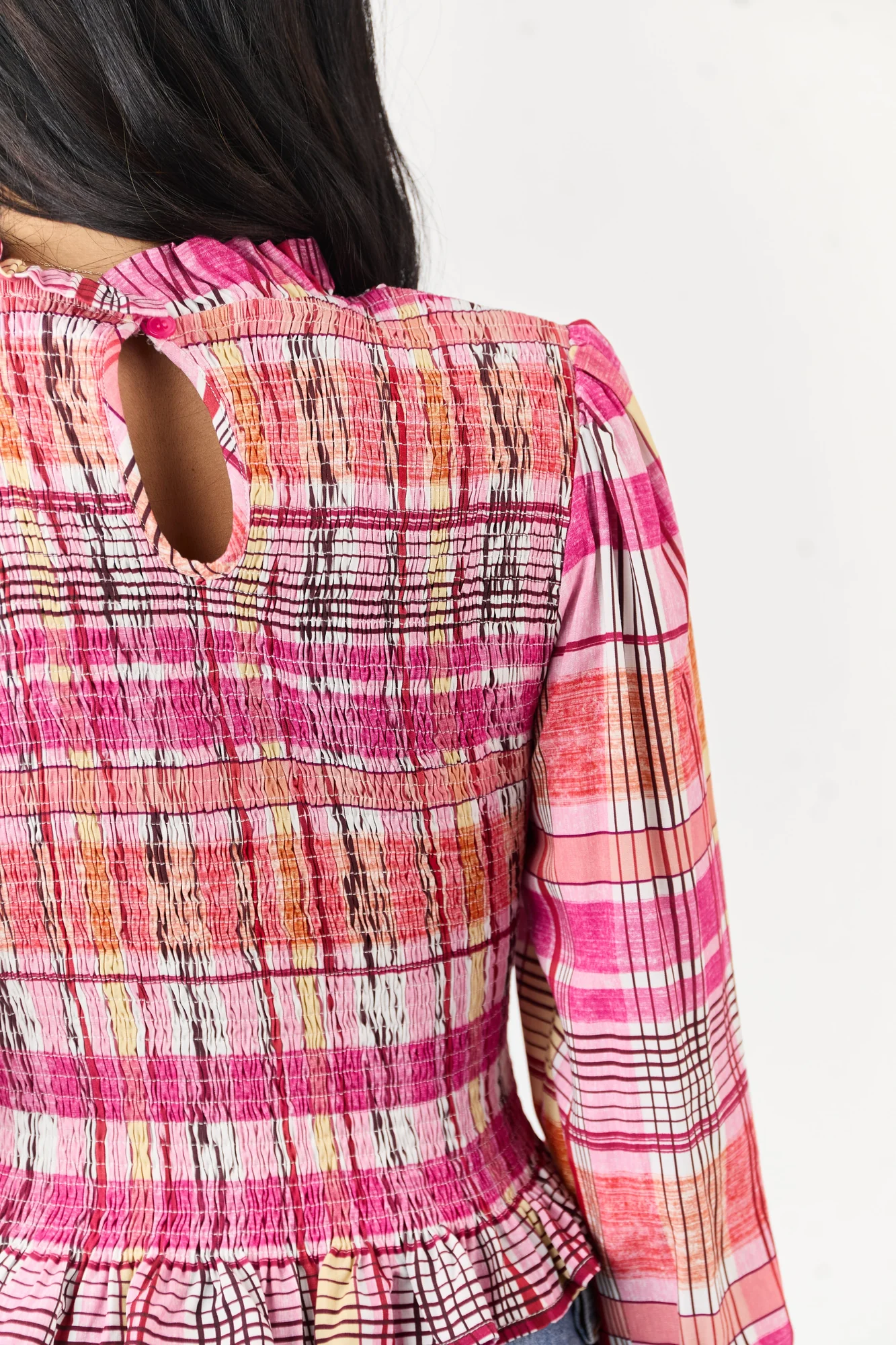 Fuchsia Plaid Smocked Cotton Top
