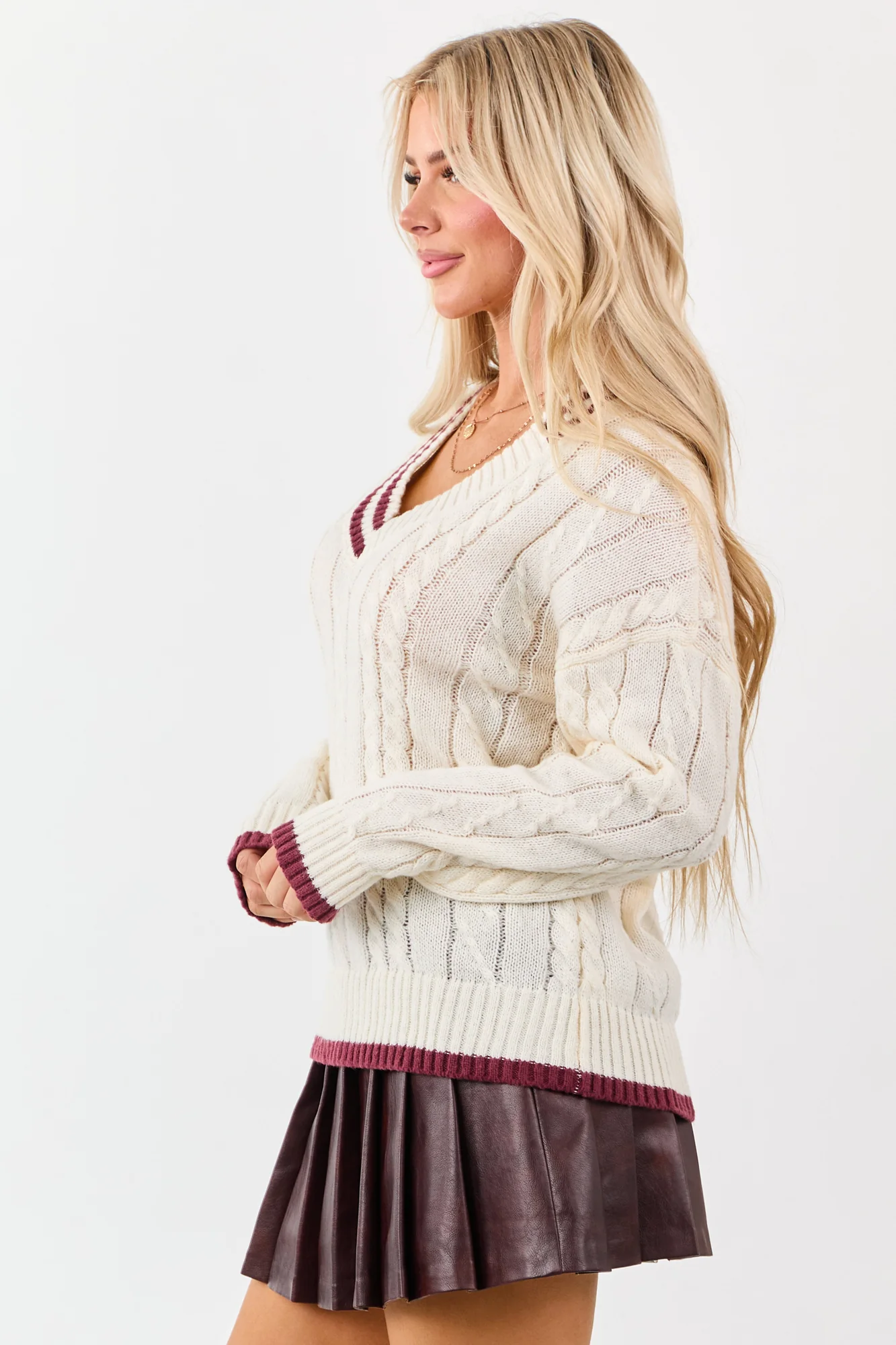 Cream Cable Knit V Neck Contrast Trim Sweater