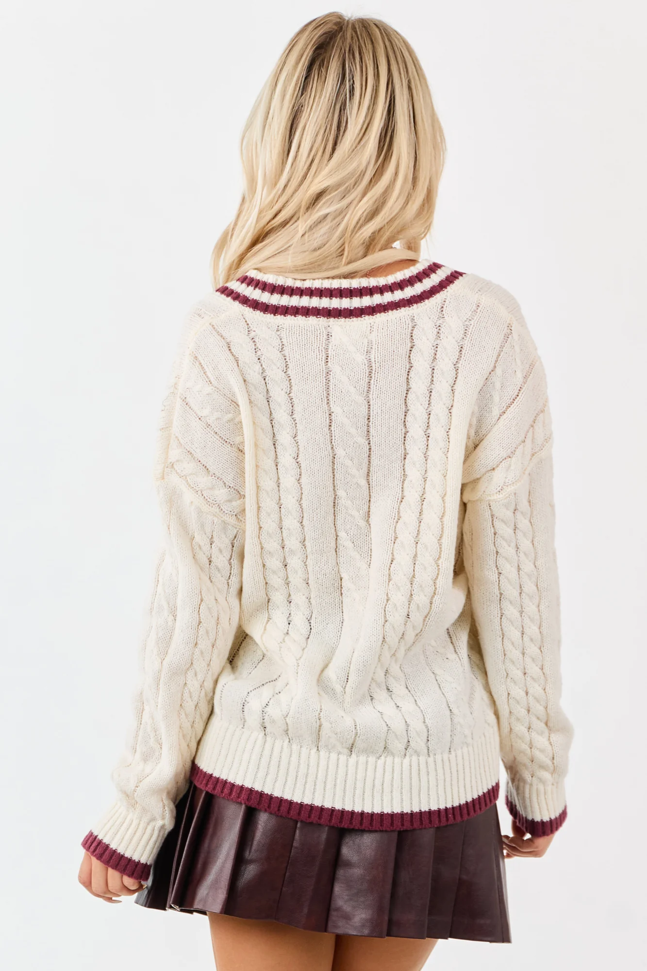 Cream Cable Knit V Neck Contrast Trim Sweater