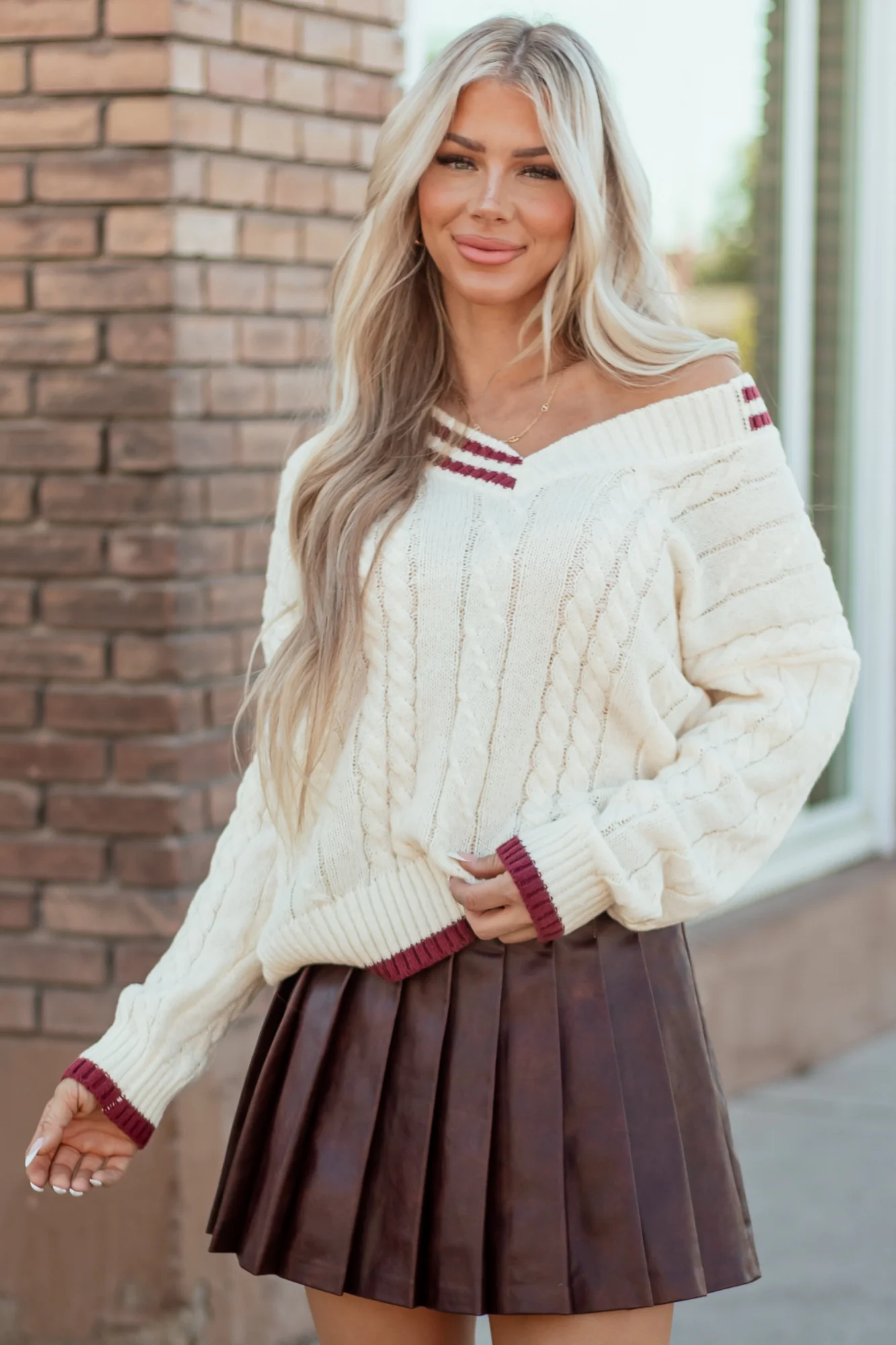 Cream Cable Knit V Neck Contrast Trim Sweater