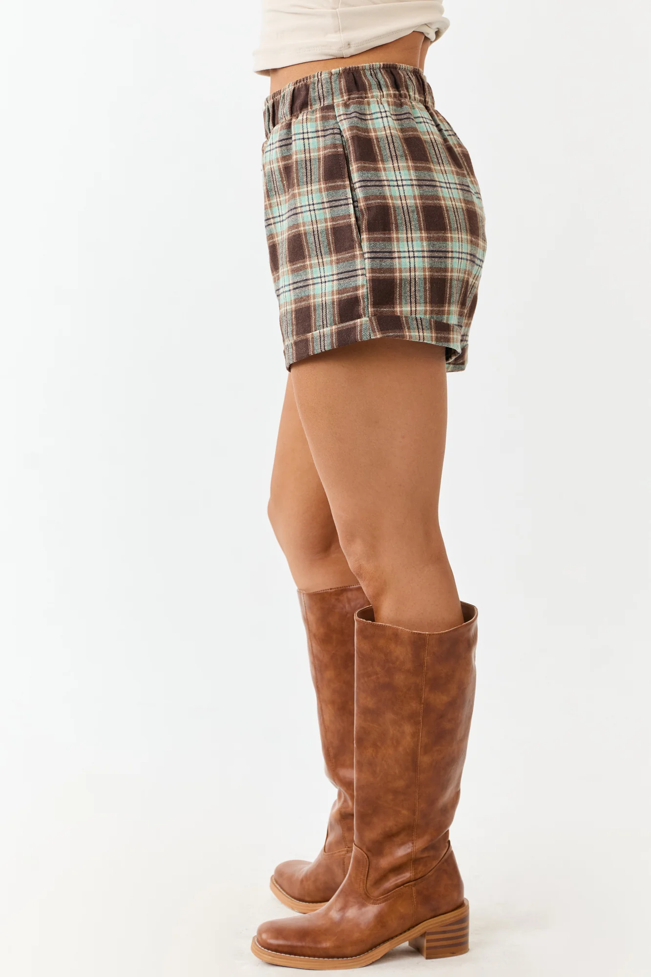 Cozy Plaid Print High Waist Shorts in Seafoam Green