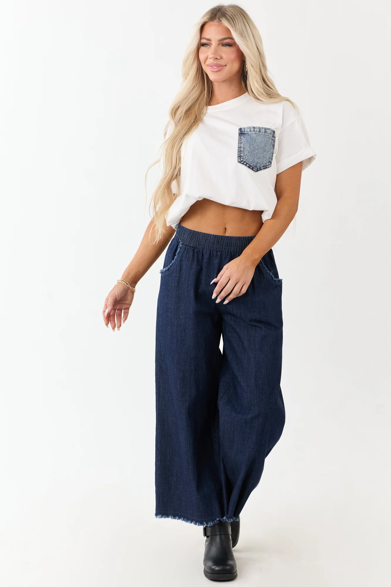 Chambray Wide Leg Cropped Pants, Dark Wash