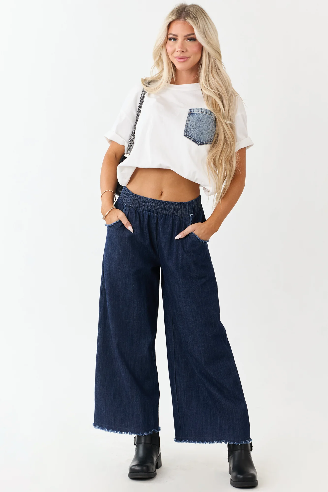 Chambray Wide Leg Cropped Pants, Dark Wash