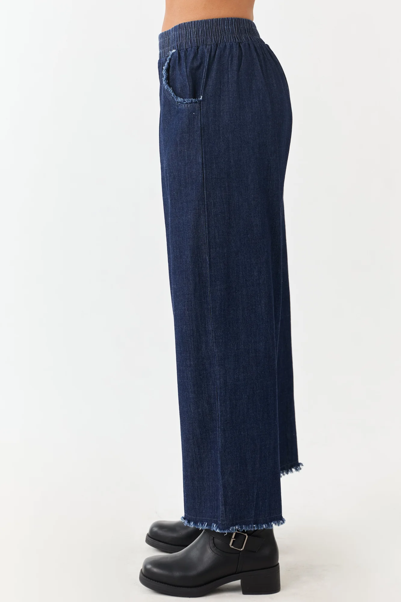 Chambray Wide Leg Cropped Pants, Dark Wash