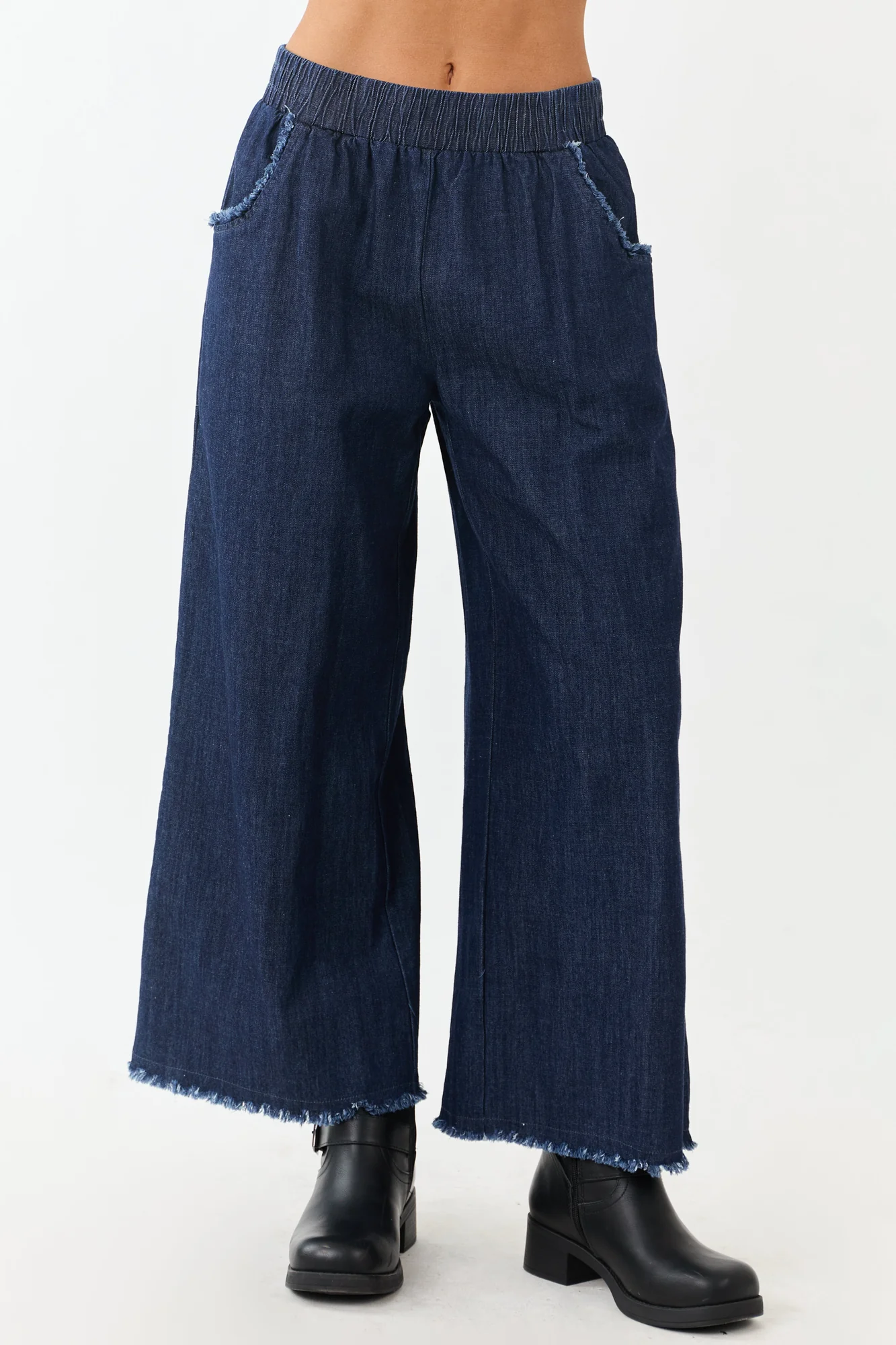 Chambray Wide Leg Cropped Pants, Dark Wash