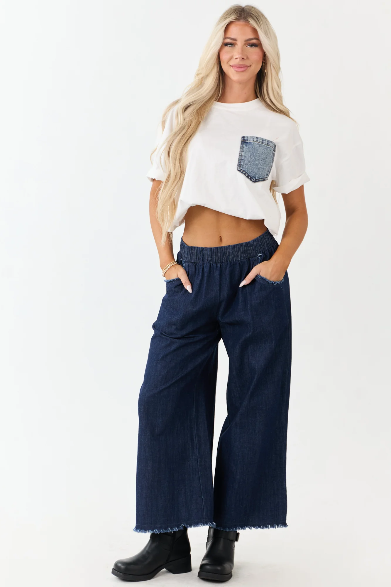 Chambray Wide Leg Cropped Pants, Dark Wash