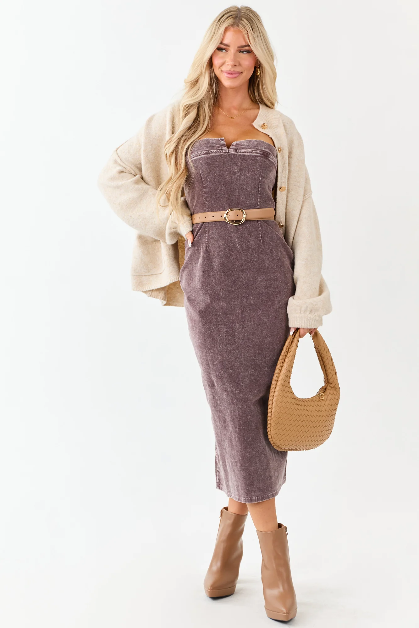 Brown Corduroy Bodycon Midi Dress