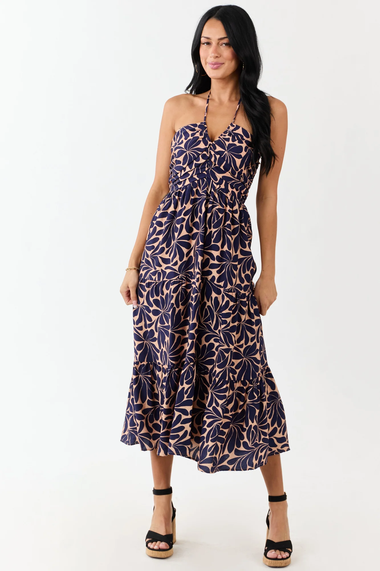 Navy Abstract Print Tiered Maxi Dress - Ruched Bust & Smocked Back
