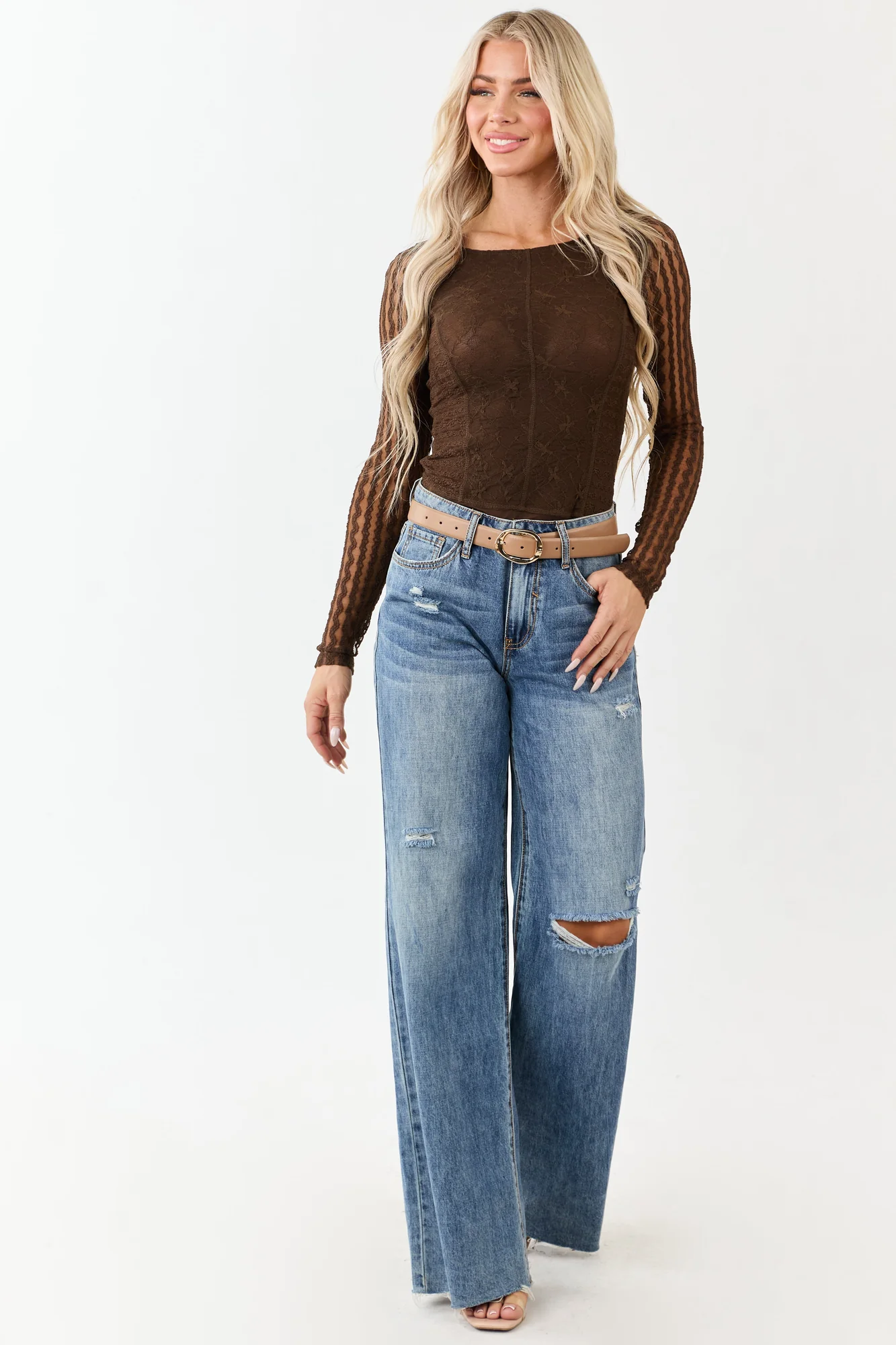 Cocoa Lace Mesh Long Sleeve Bodysuit