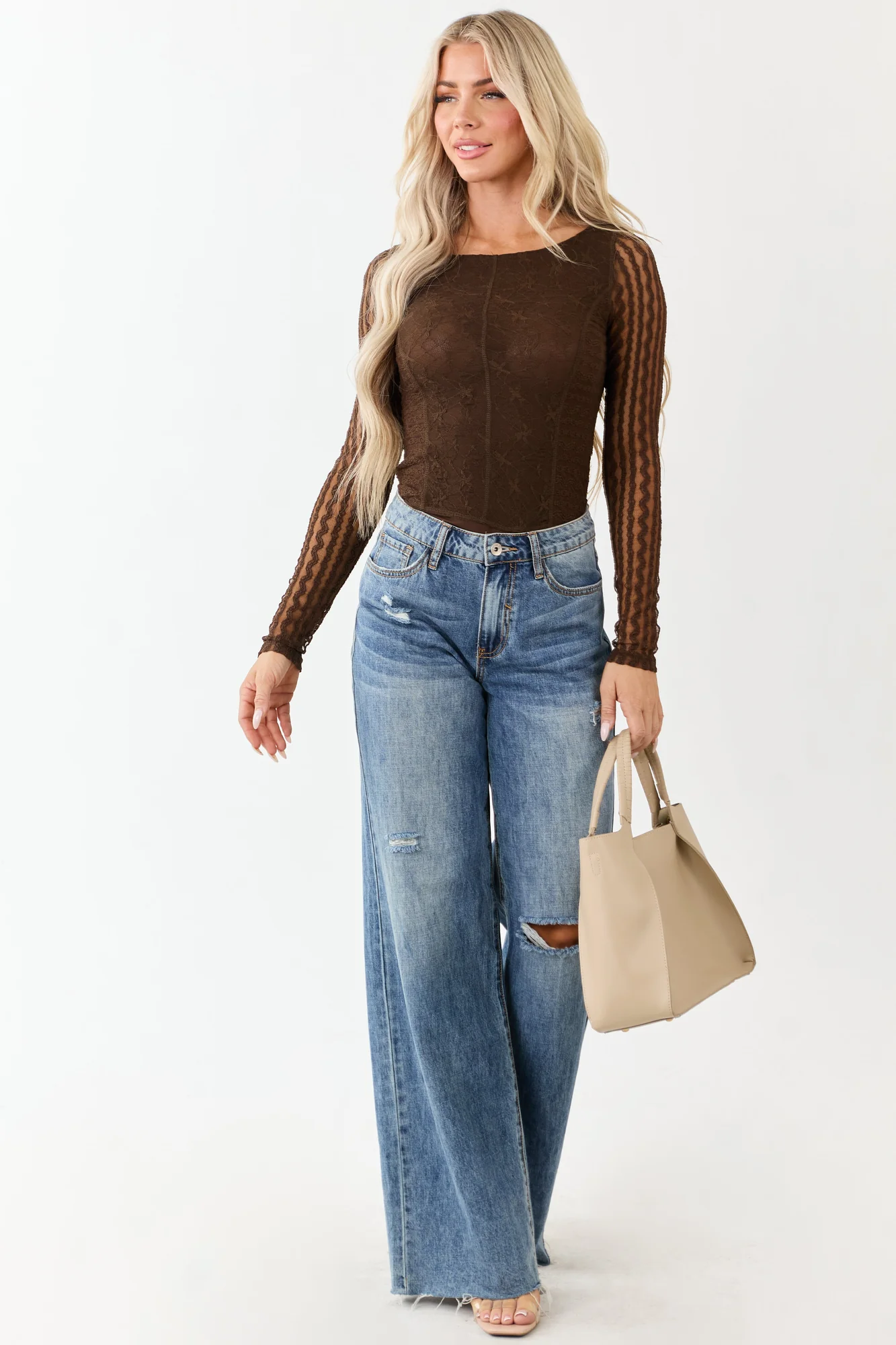 Cocoa Lace Mesh Long Sleeve Bodysuit