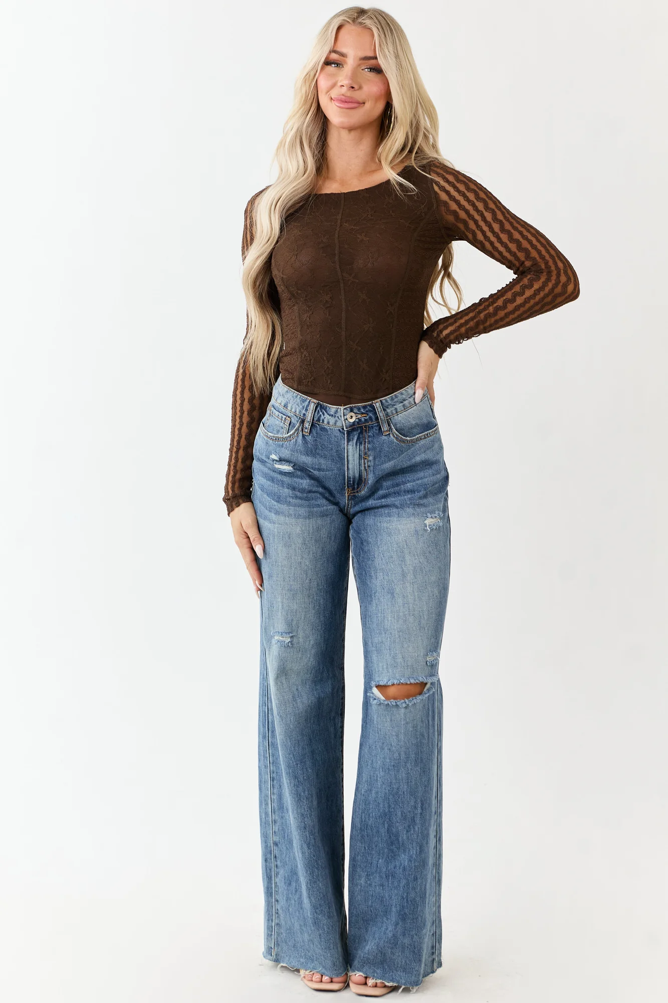 Cocoa Lace Mesh Long Sleeve Bodysuit