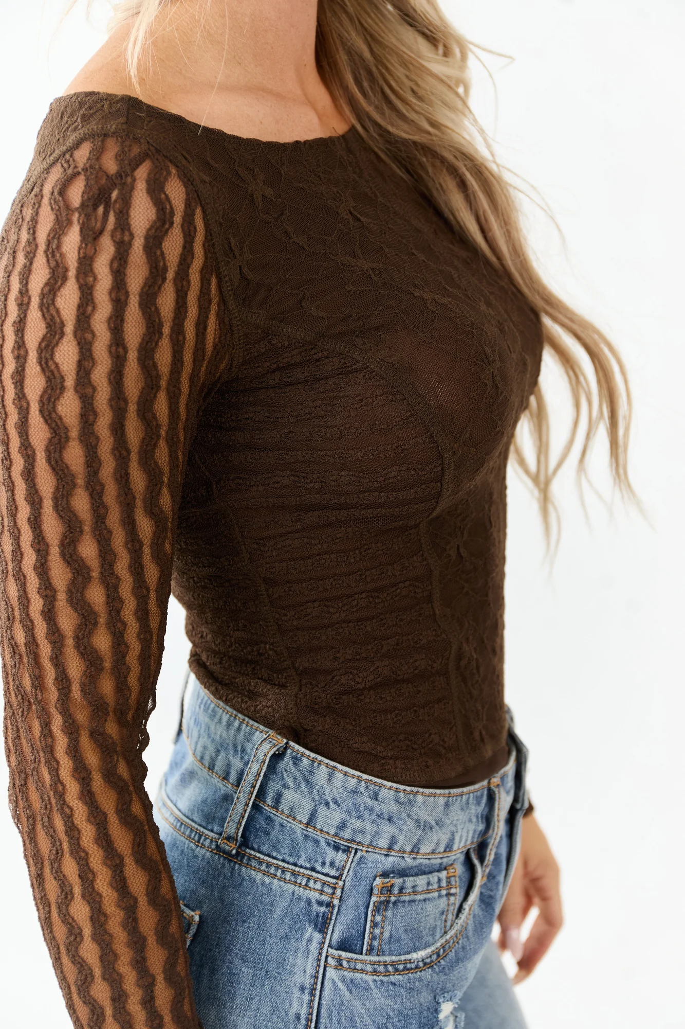 Cocoa Lace Mesh Long Sleeve Bodysuit