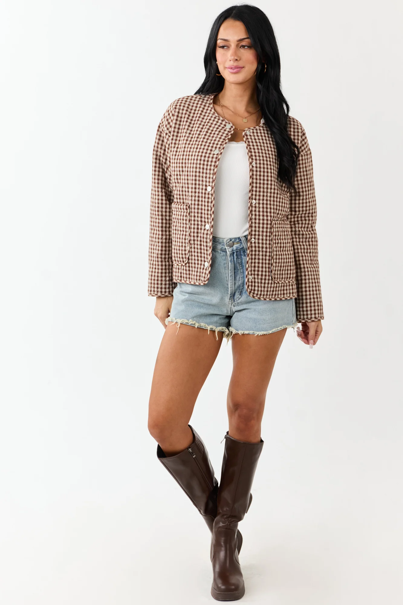 Gingham Snap Button Cotton Jacket in Camel Brown