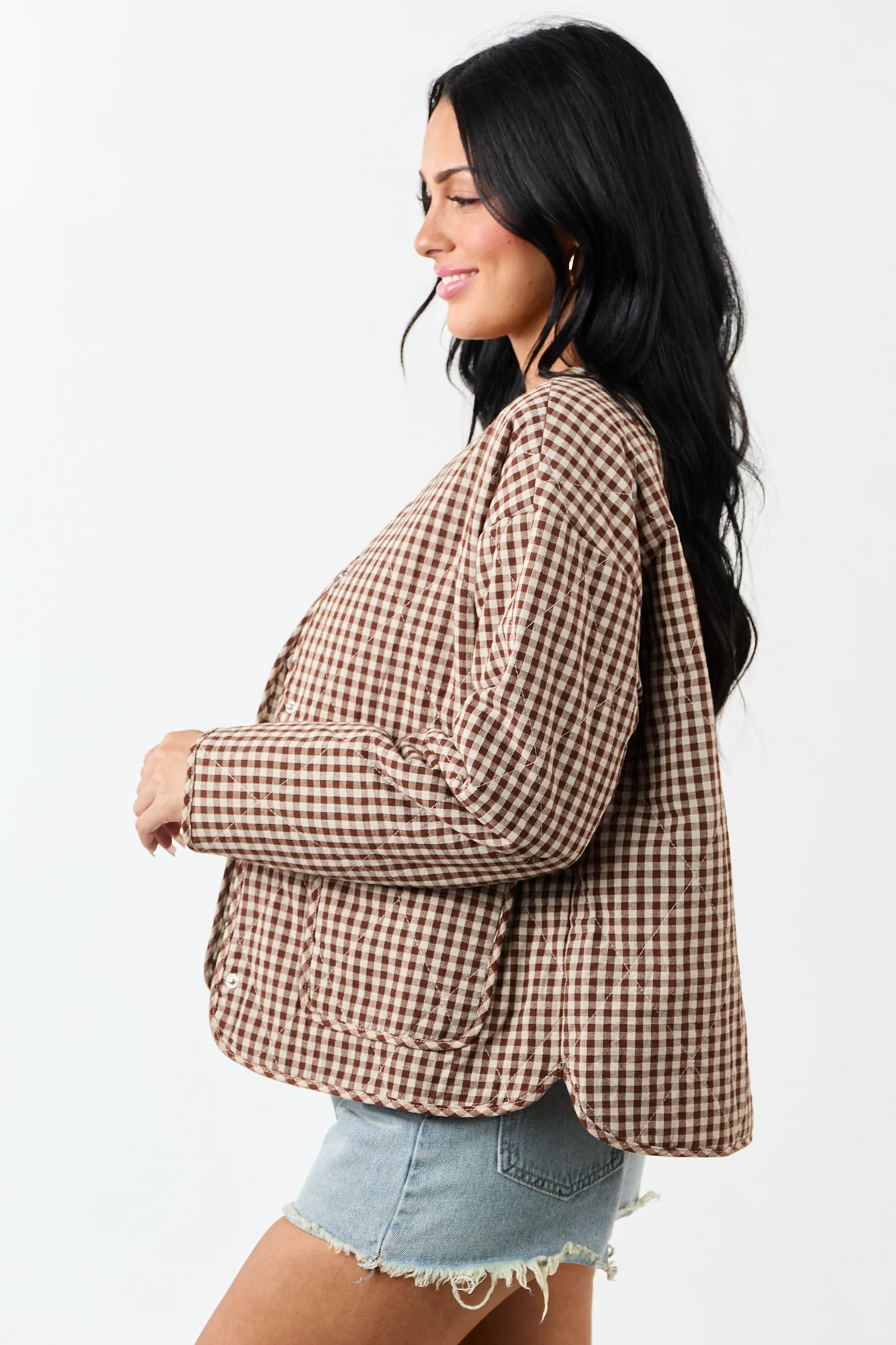 Gingham Snap Button Cotton Jacket in Camel Brown