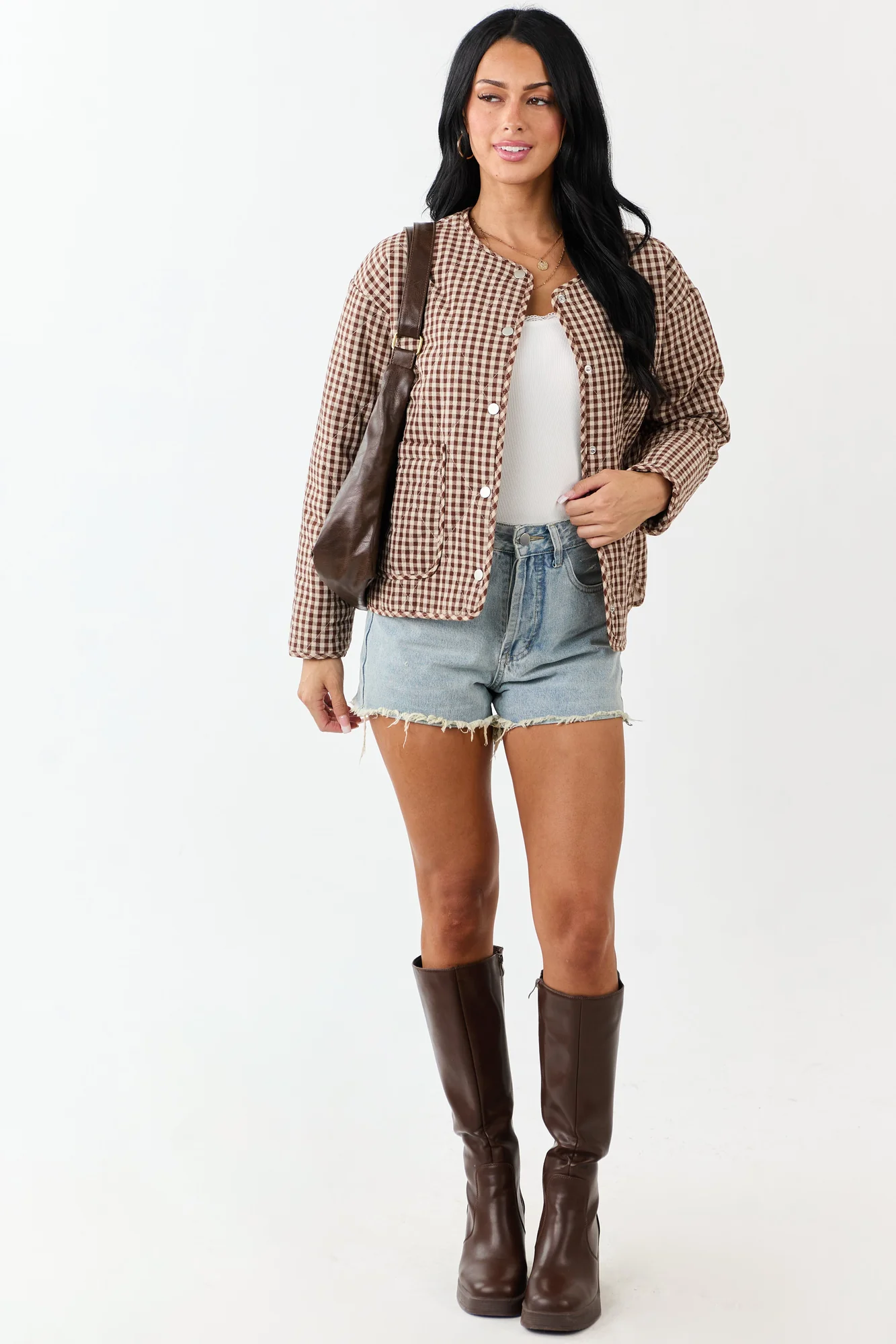 Gingham Snap Button Cotton Jacket in Camel Brown