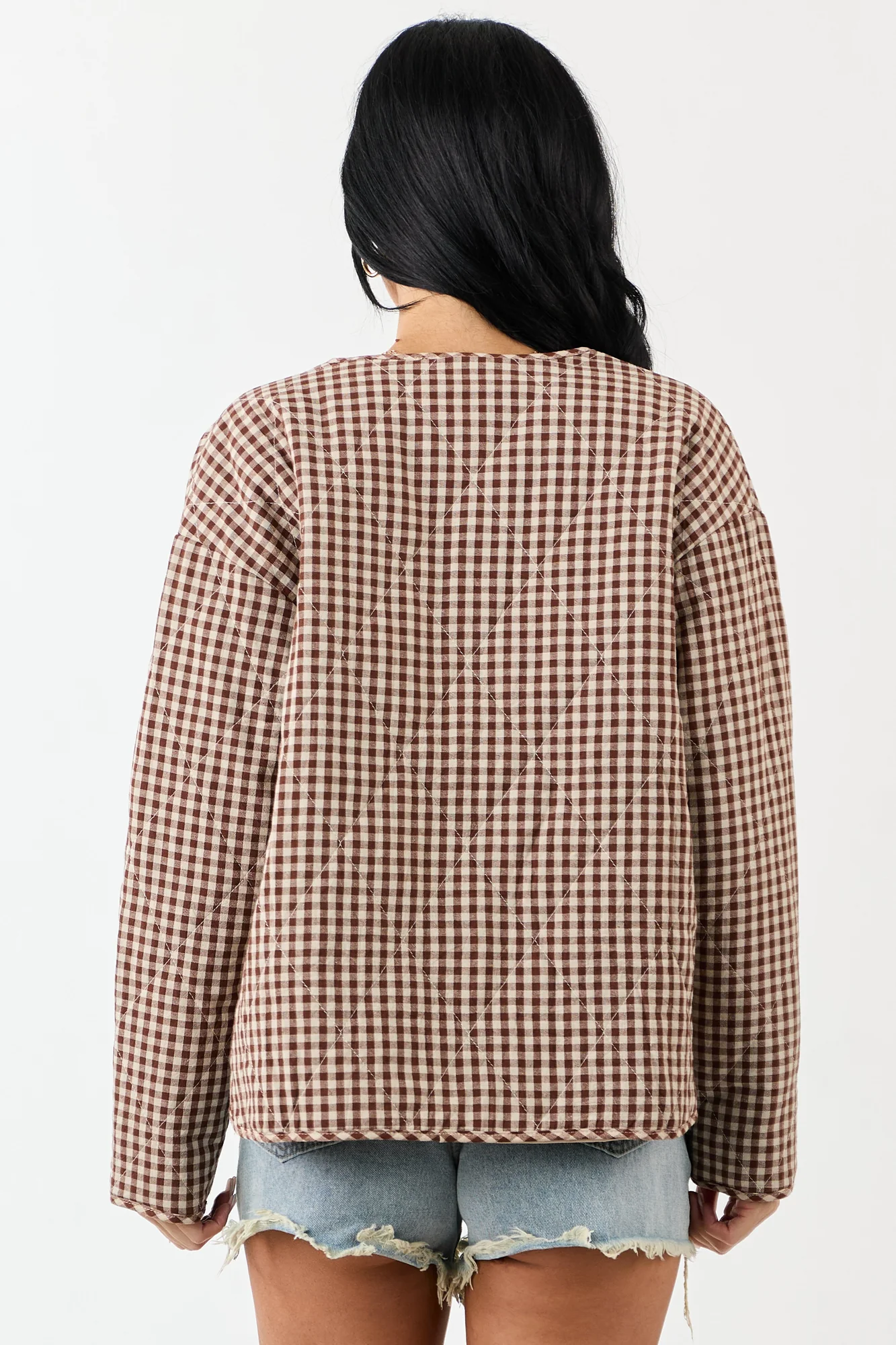Gingham Snap Button Cotton Jacket in Camel Brown