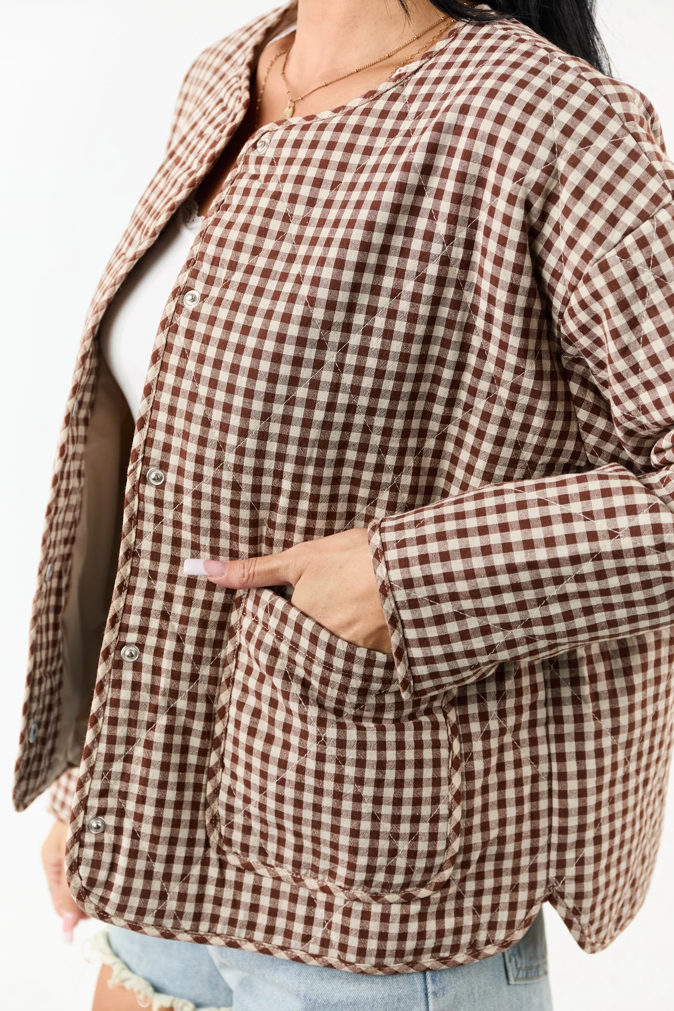 Gingham Snap Button Cotton Jacket in Camel Brown