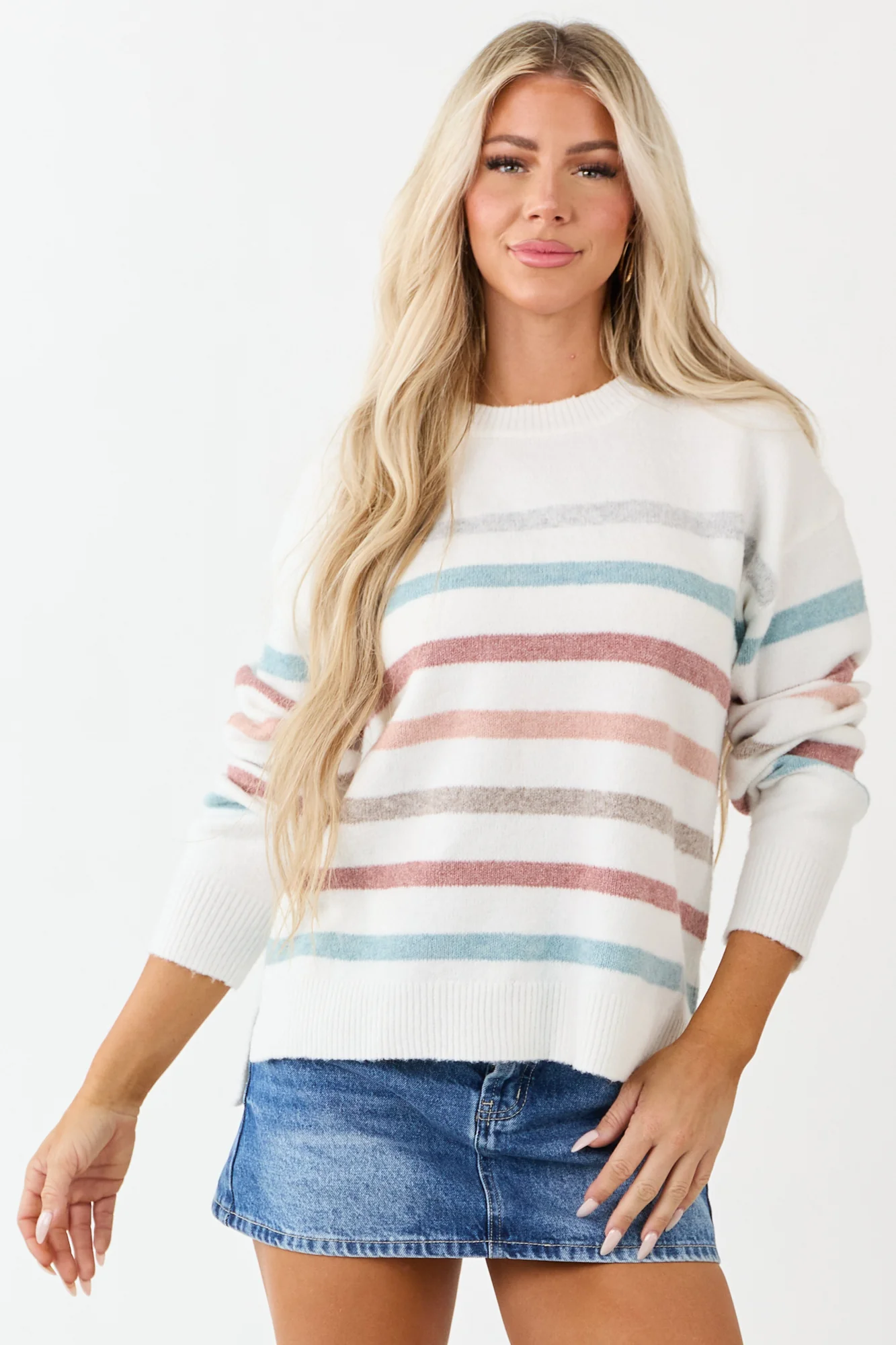Cozy Striped Knit Sweater in Off-White and Multi-Color
