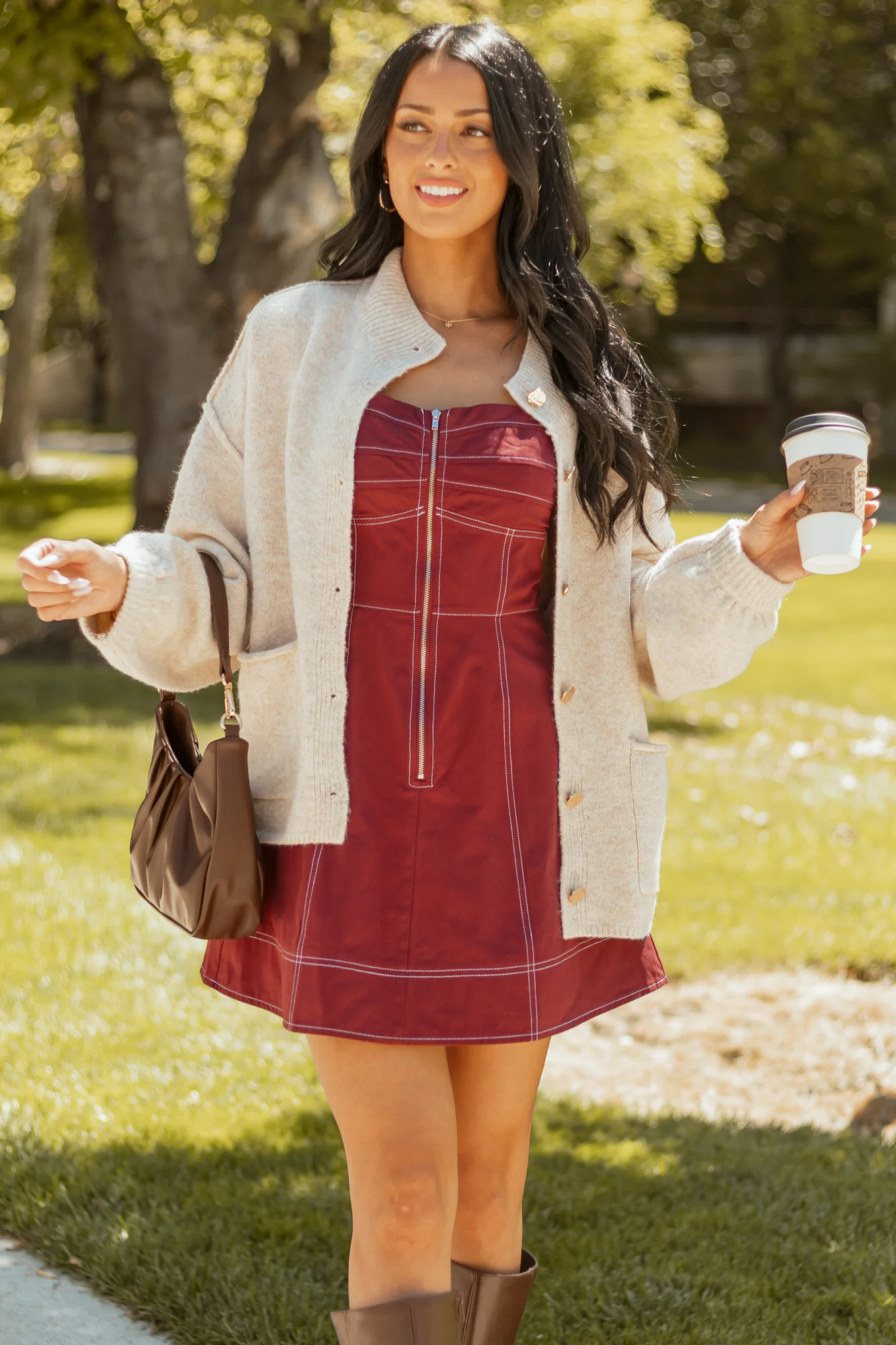 Neutral Tone Wool Blend Oversized Cardigan with Gold Button Details