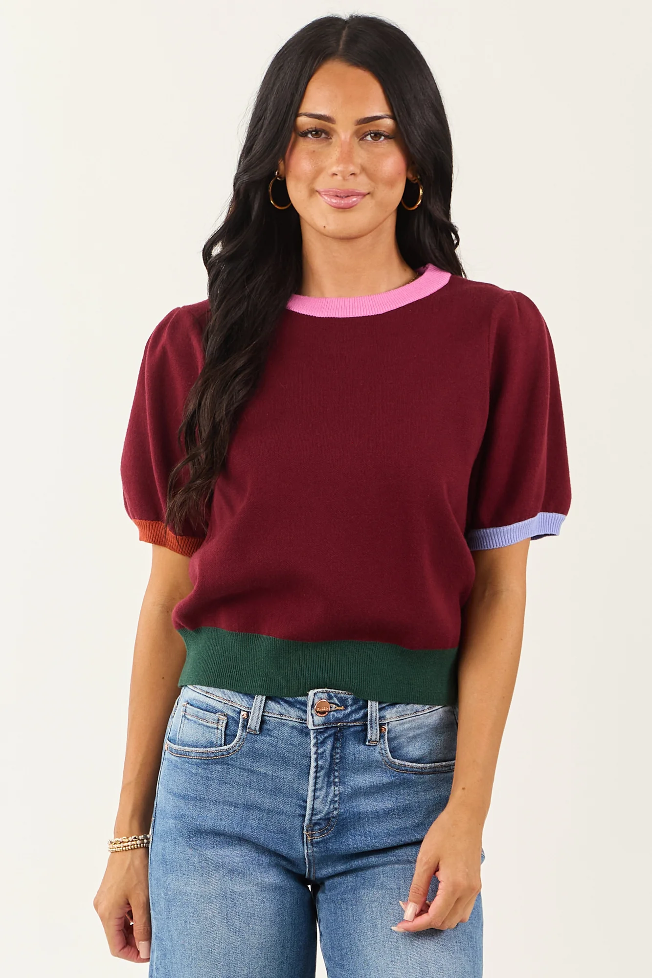 Burgundy Colorblock Knit Sweater Top