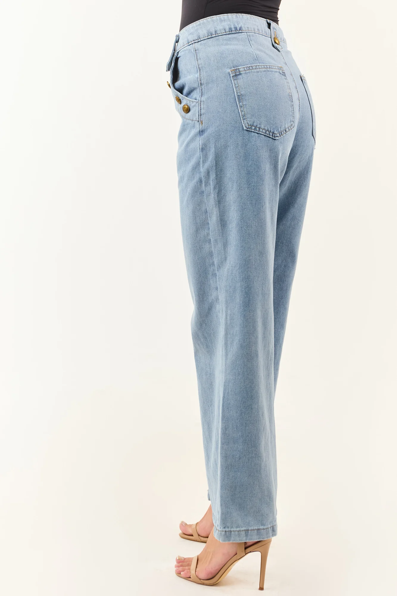 Light Wash Wide Leg High Rise Jeans with Gold Button Detail